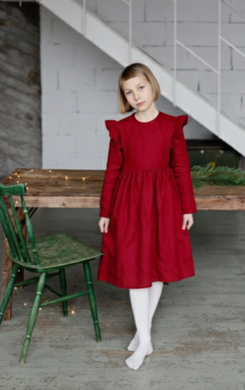 Berry Red Linen Christmas Dress With Ruffles | SAND SNOW LINEN  Sand Snow  Linen