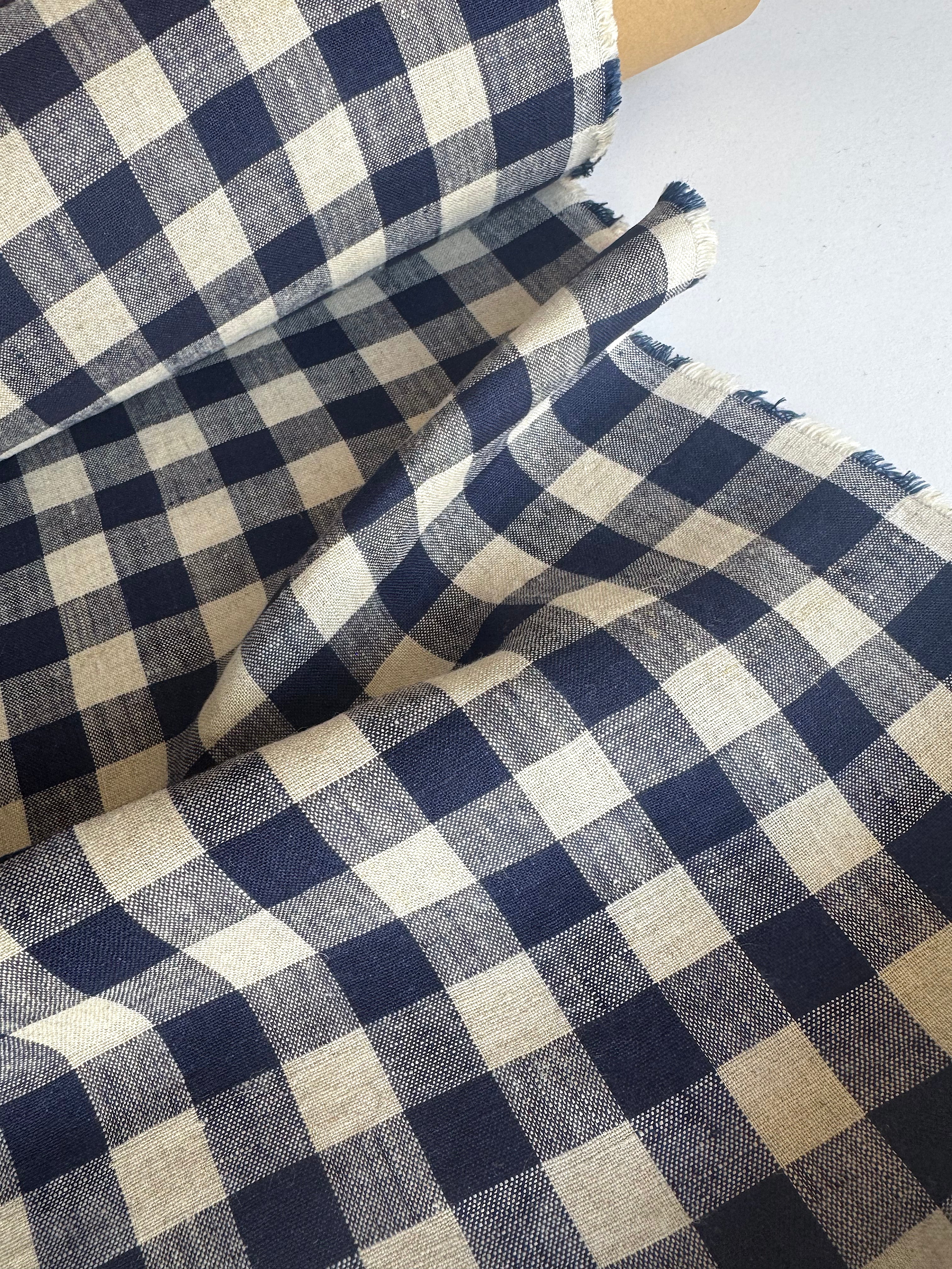 Deep blue gingham linen fabric