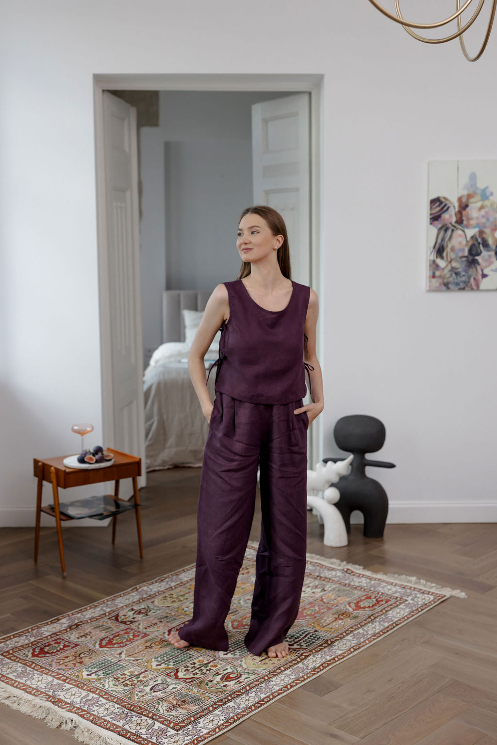 Plum Wide-Leg Linen Pants