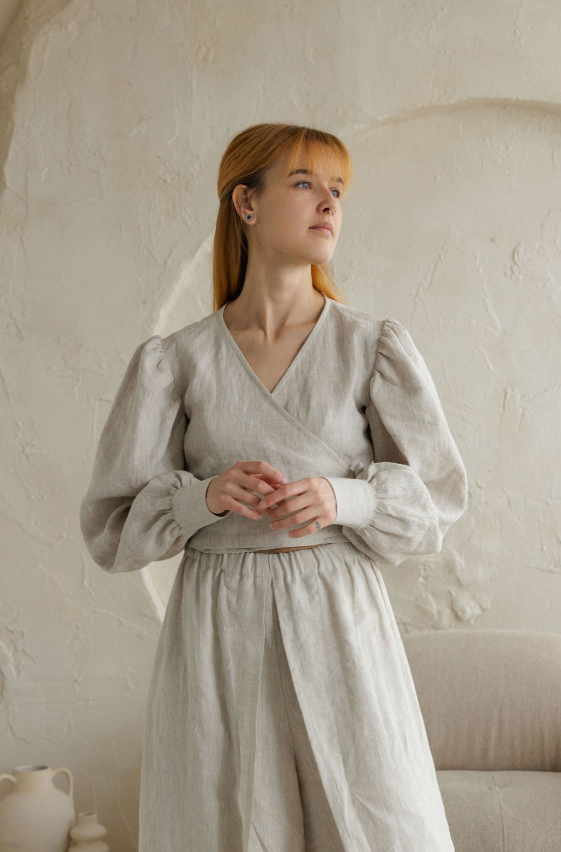linen women blouse with puff sleeves