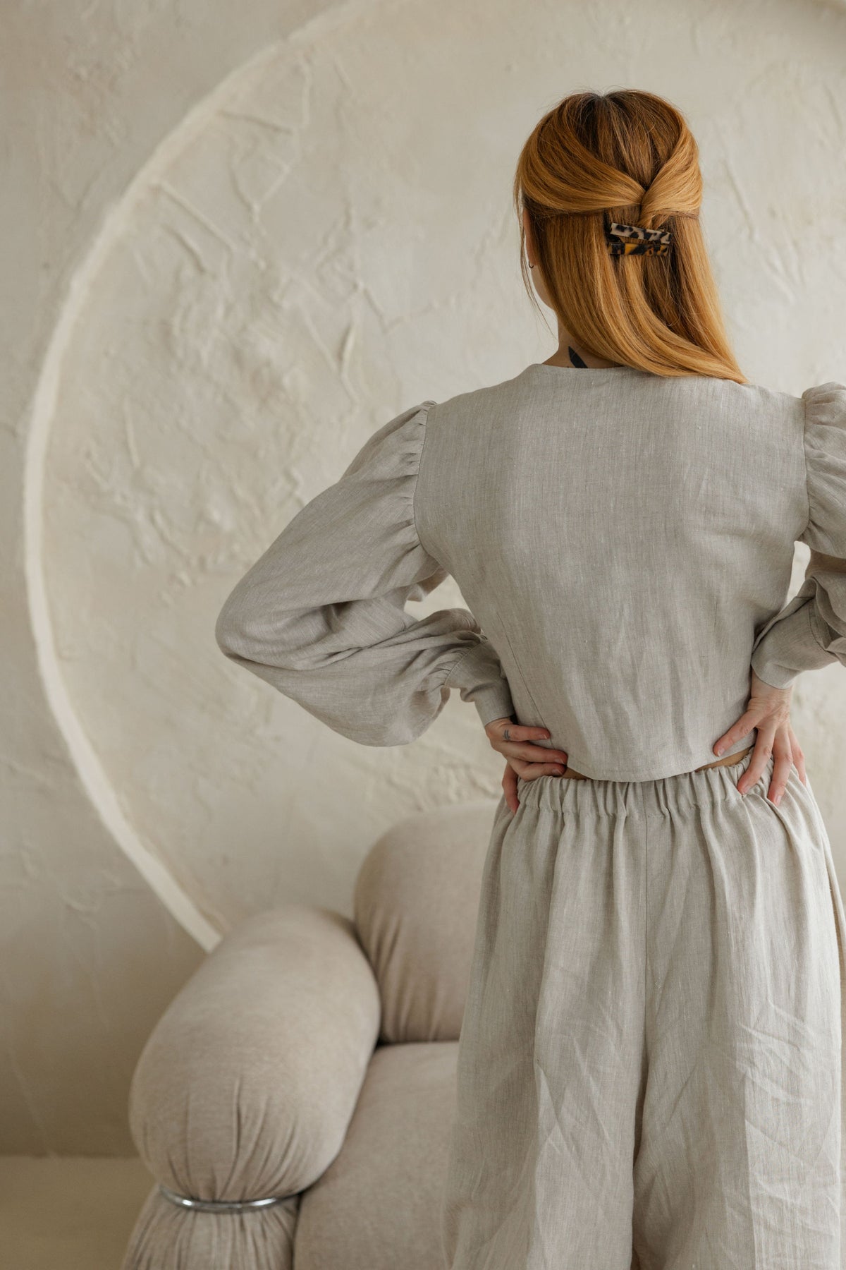 linen women blouse with puff sleeves