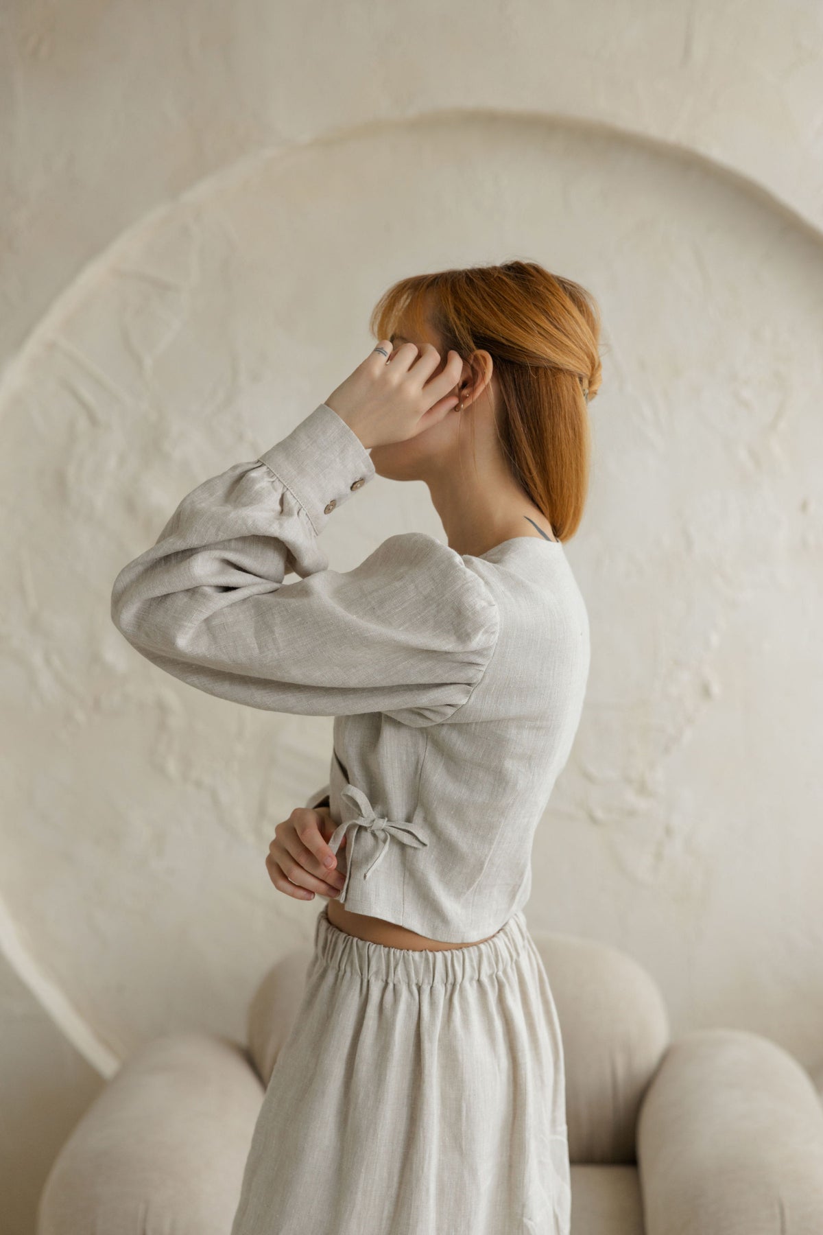 linen women blouse with puff sleeves