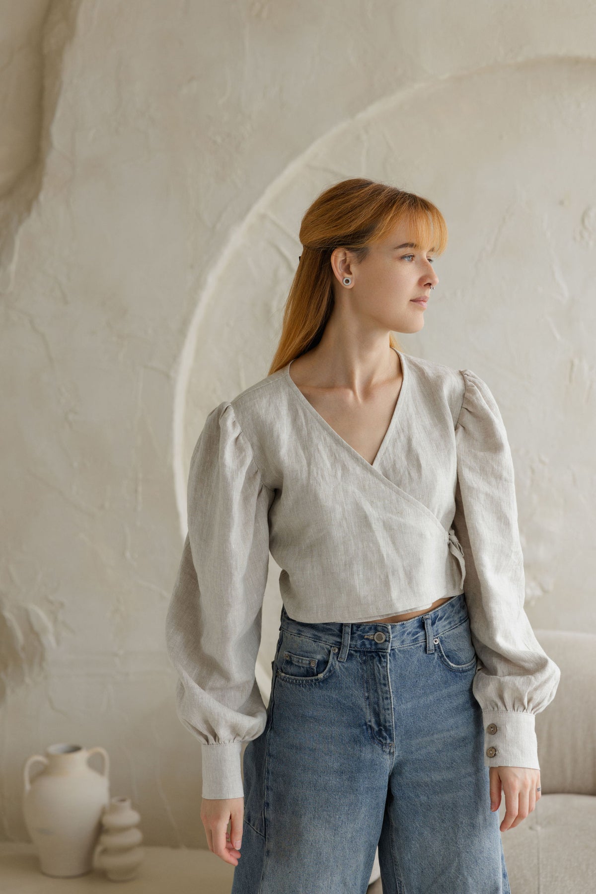 linen women blouse with puff sleeves