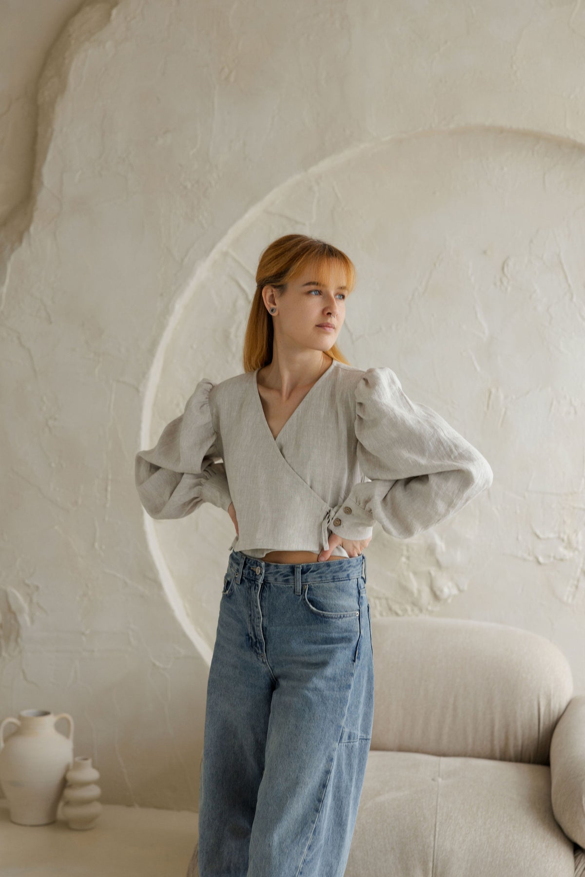 linen women blouse with puff sleeves
