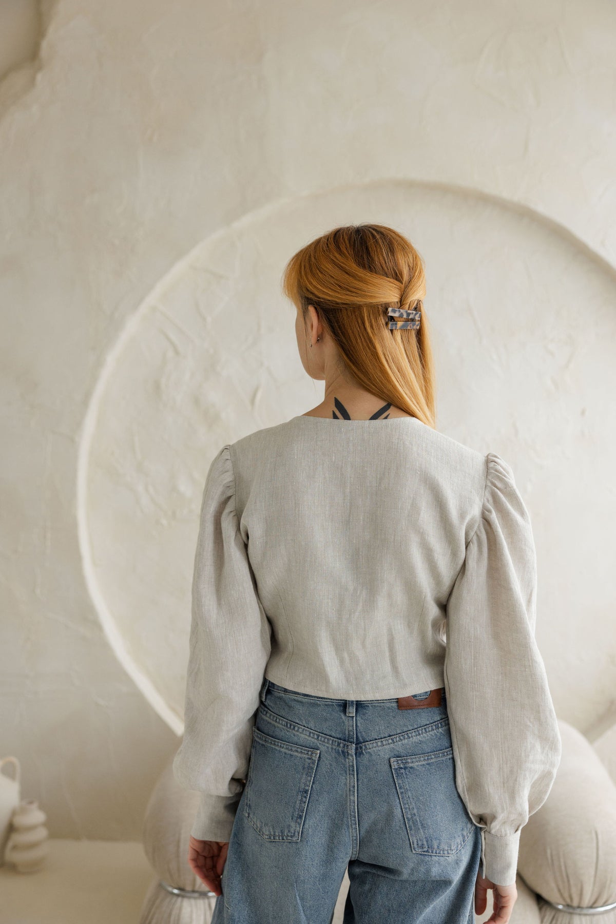 linen women blouse with puff sleeves