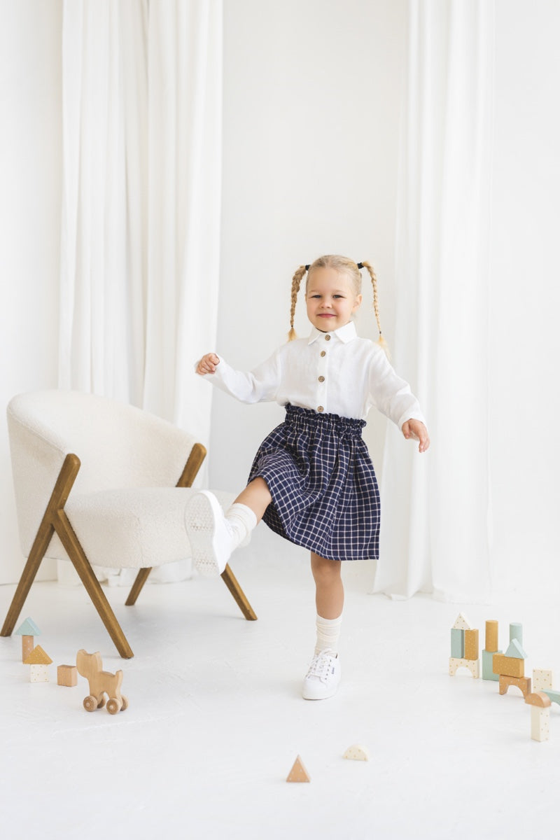 Denim Blue Checks Linen Girls Skirt