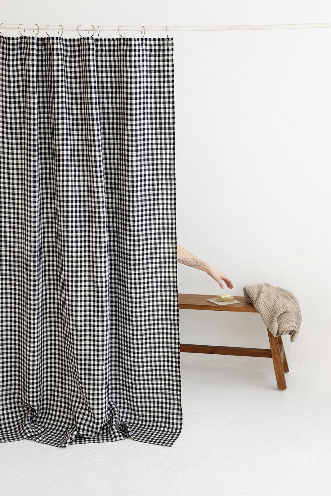 Waterproof Black Gingham Linen Shower Curtain 140cm / 55&