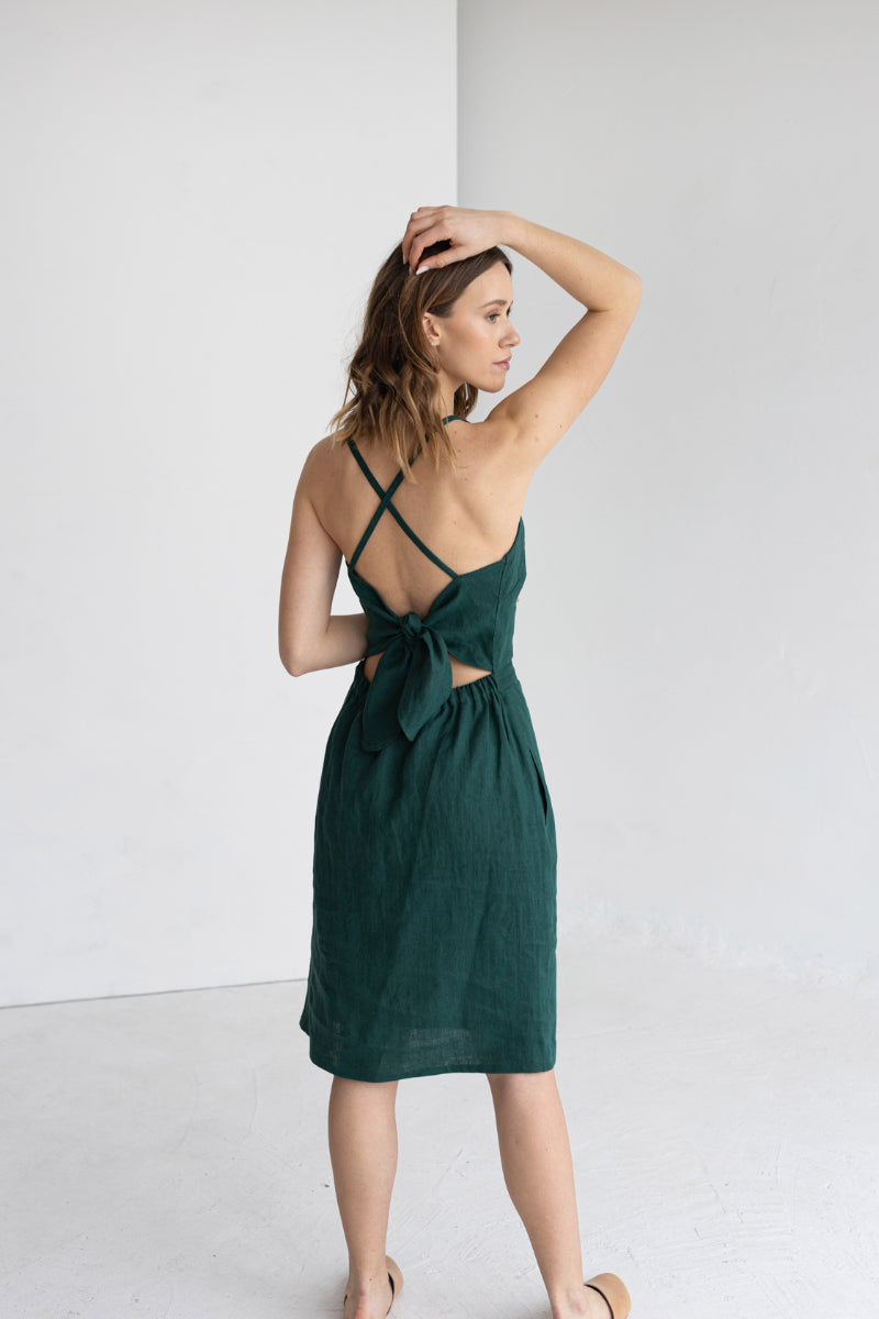 emerald linen dress Amara Ruched Midi Linen Dress in Emerald