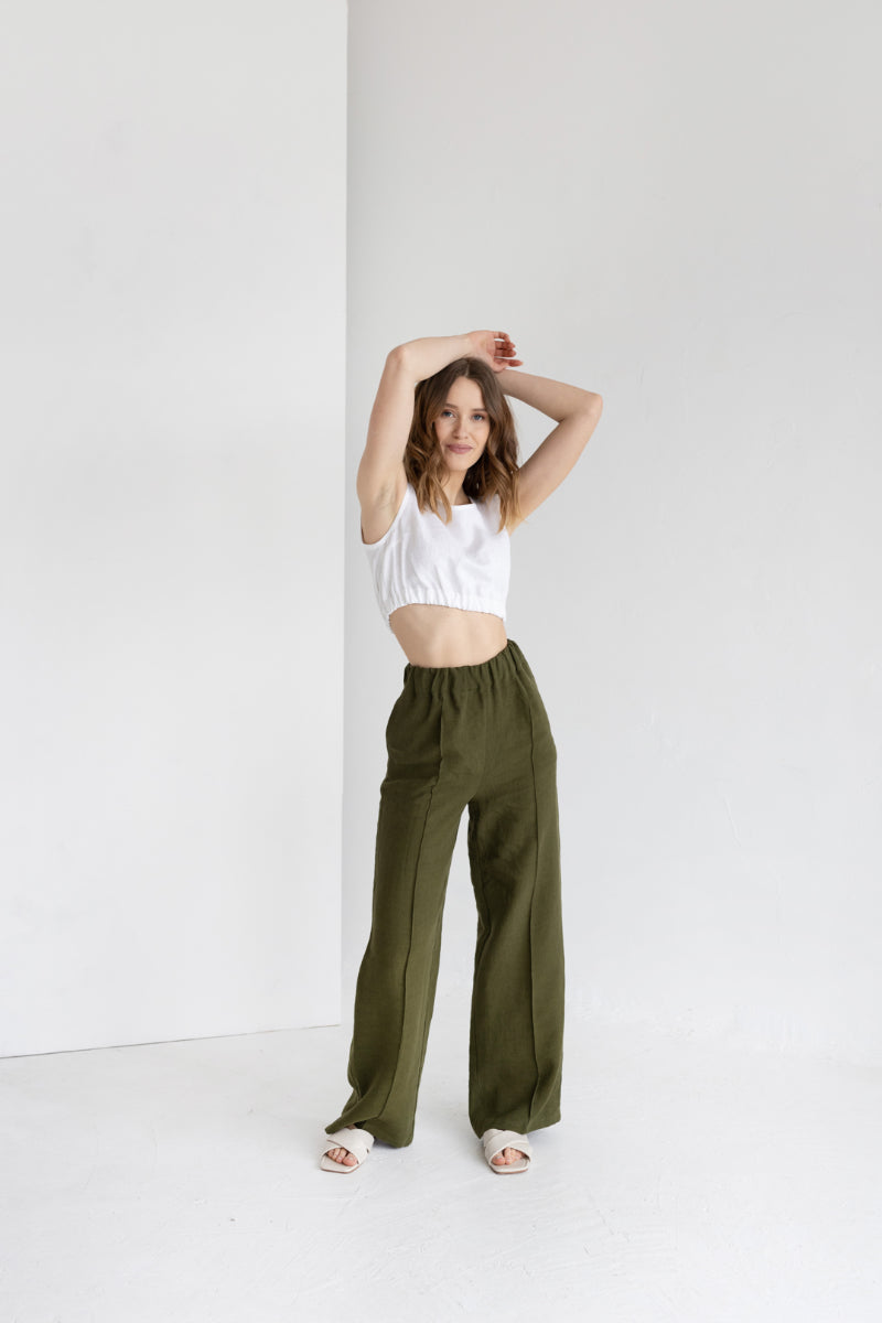 green linen pants with crease