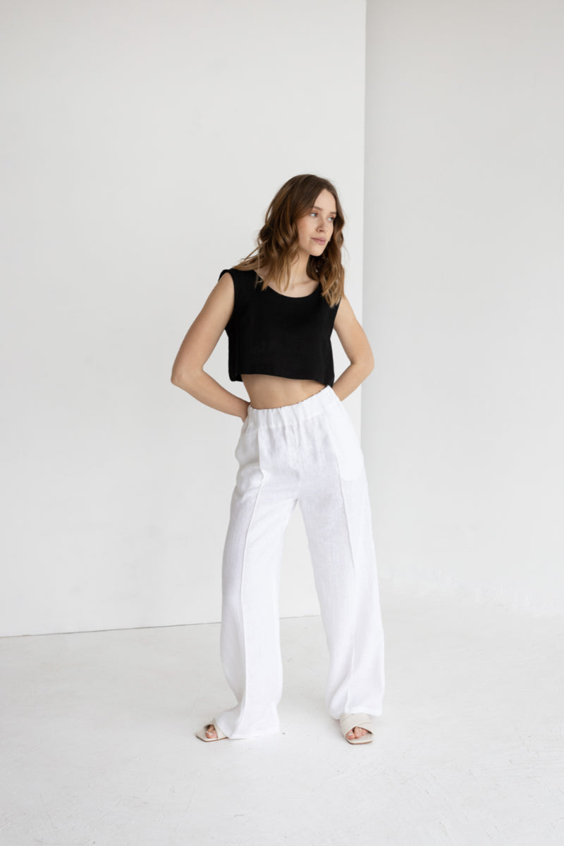 white linen trousers with crease