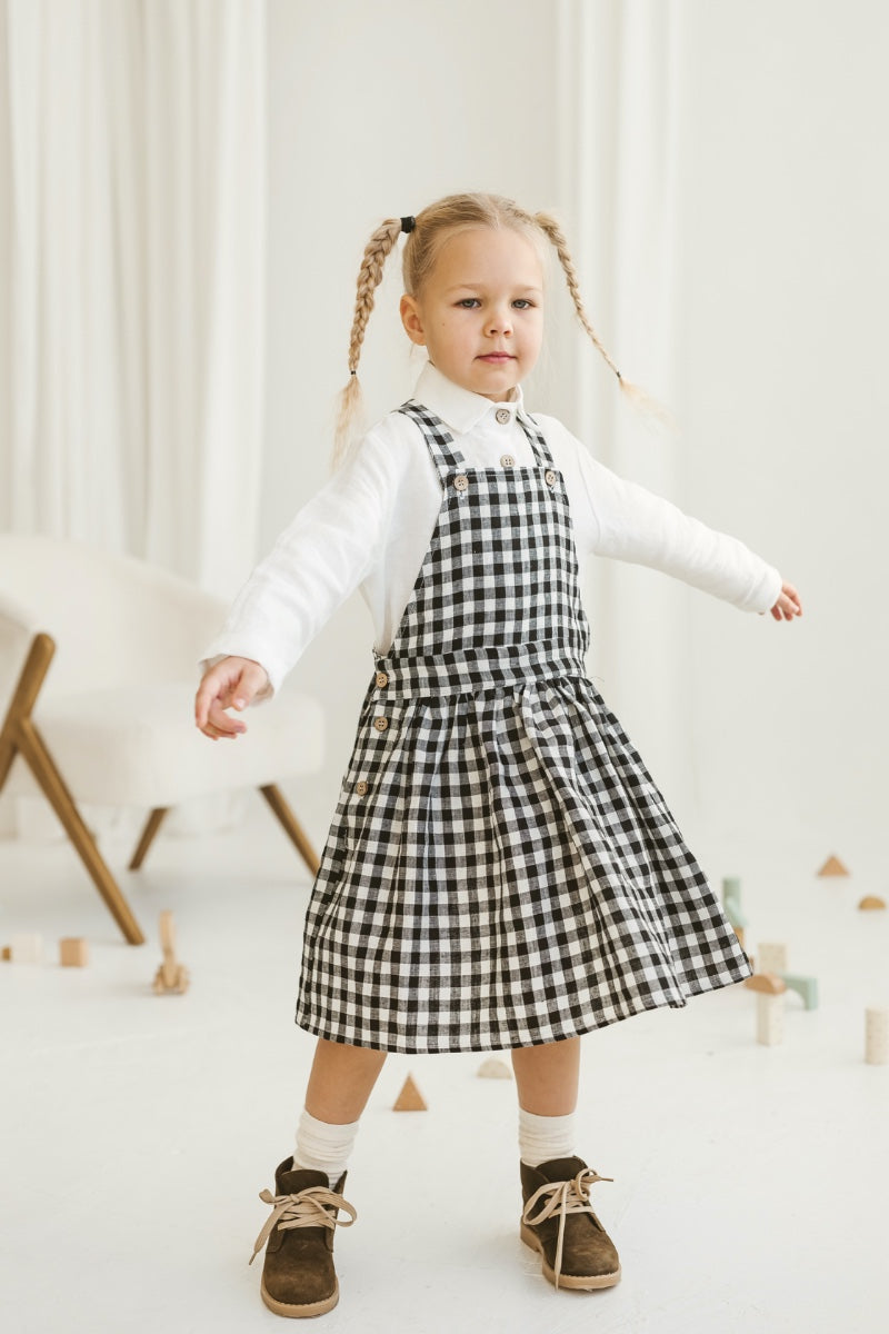 Black Gingham Girls Linen Pinafore Dress | SAND SNOW LINEN – Sand