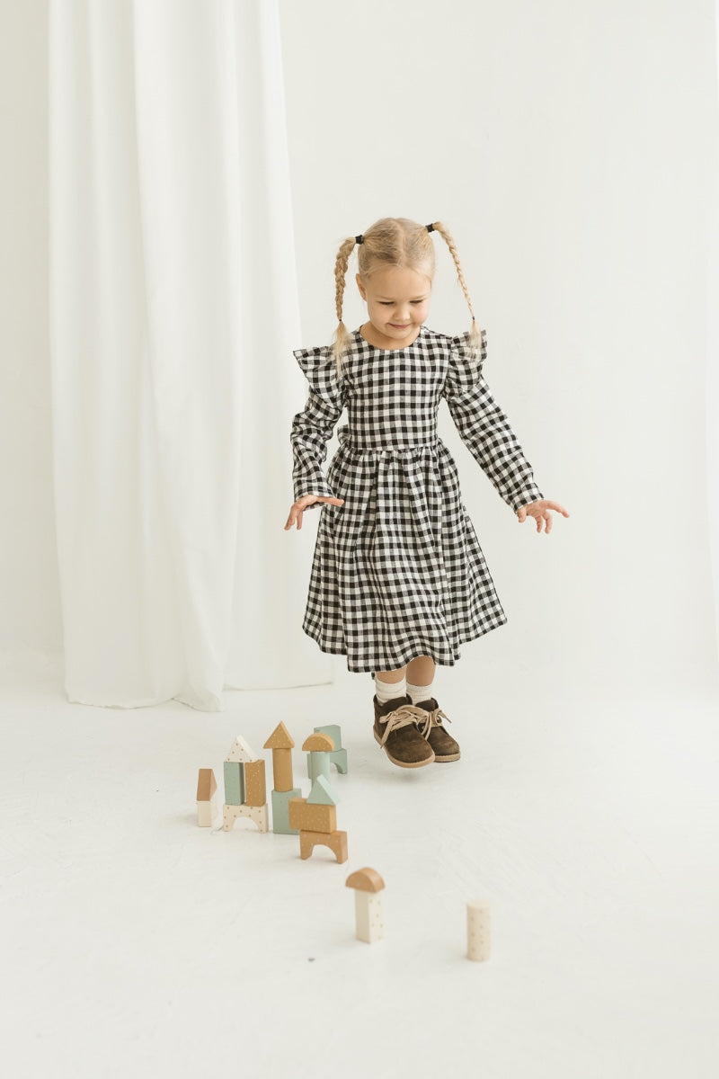 black gingham linen girls dress