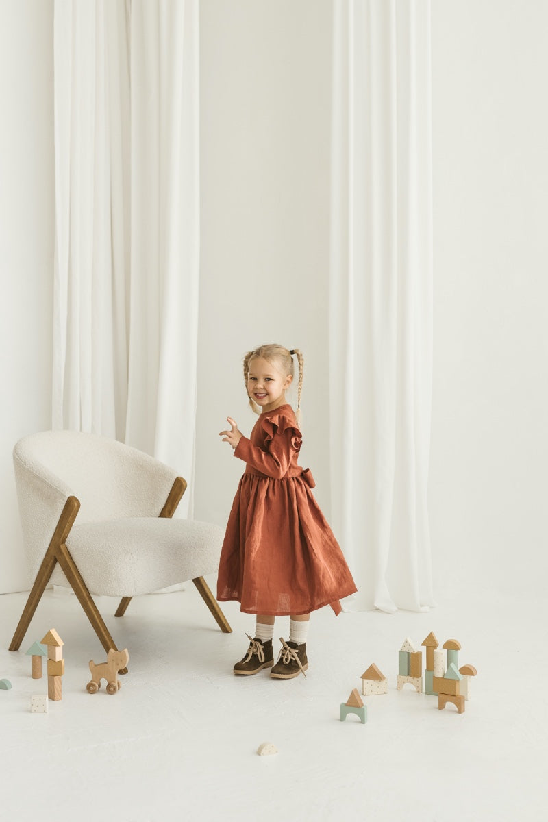 Rusty linen girls dress with ruffles for Christmas