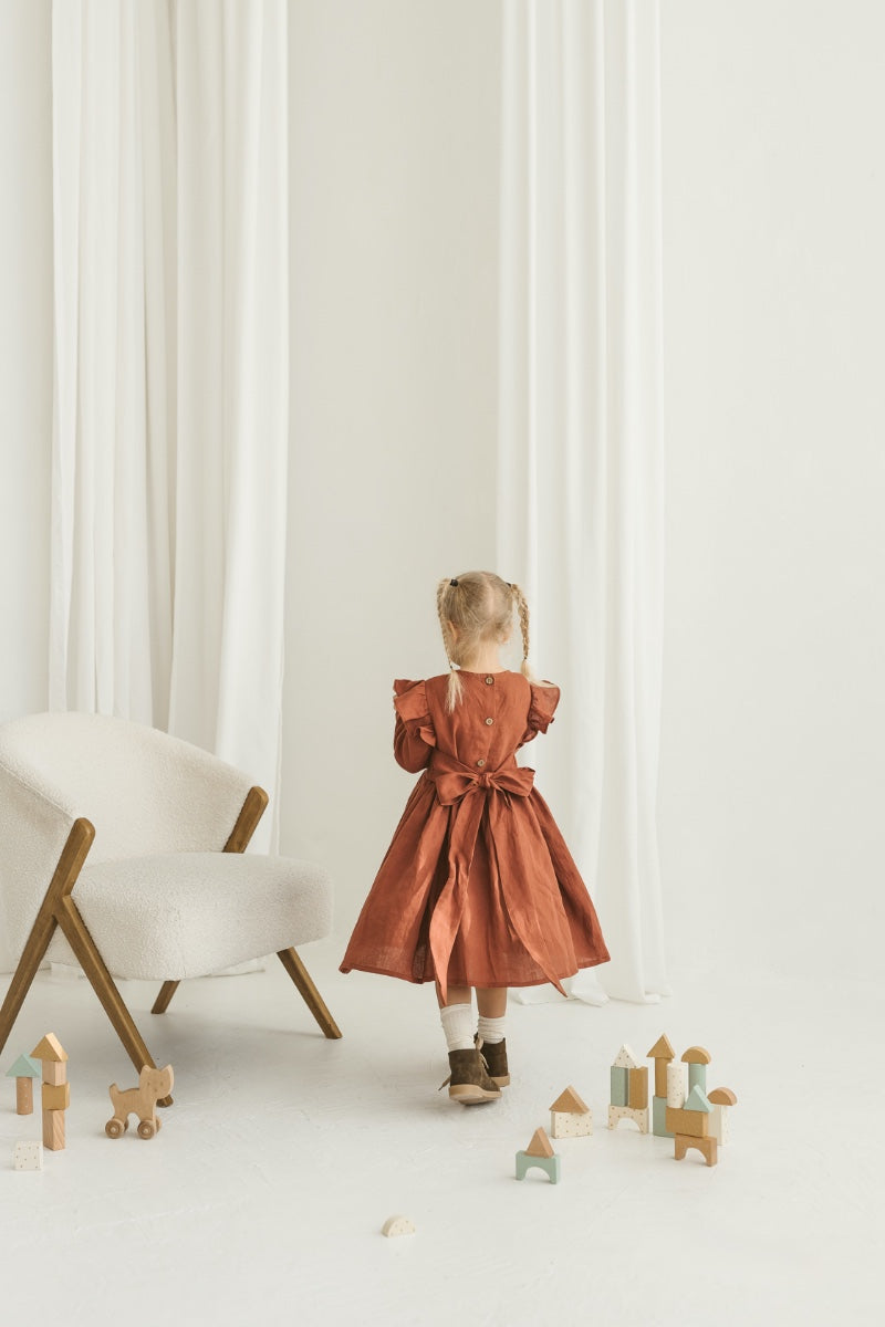 Rusty linen girls dress with ruffles for Christmas
