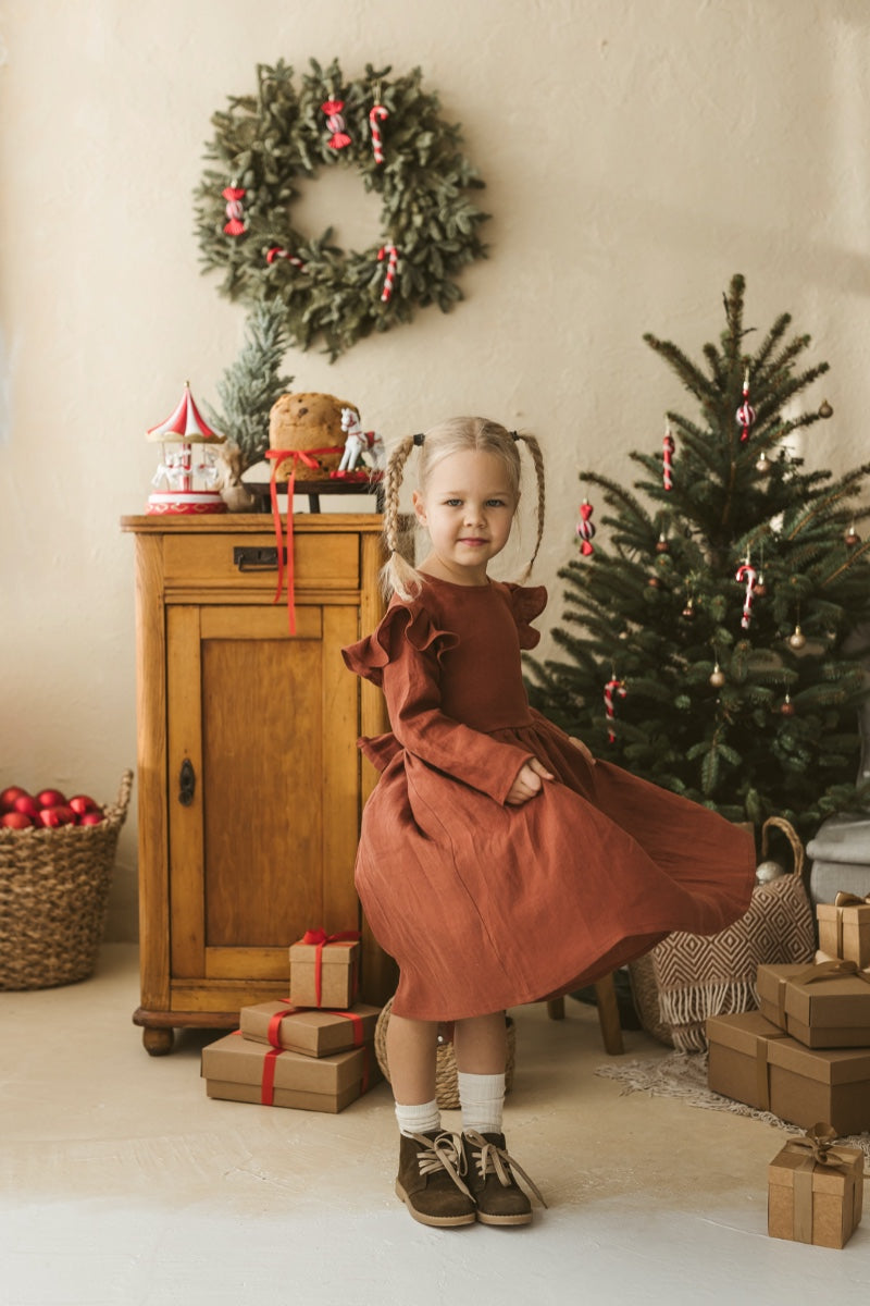 Rusty linen girls dress with ruffles for Christmas