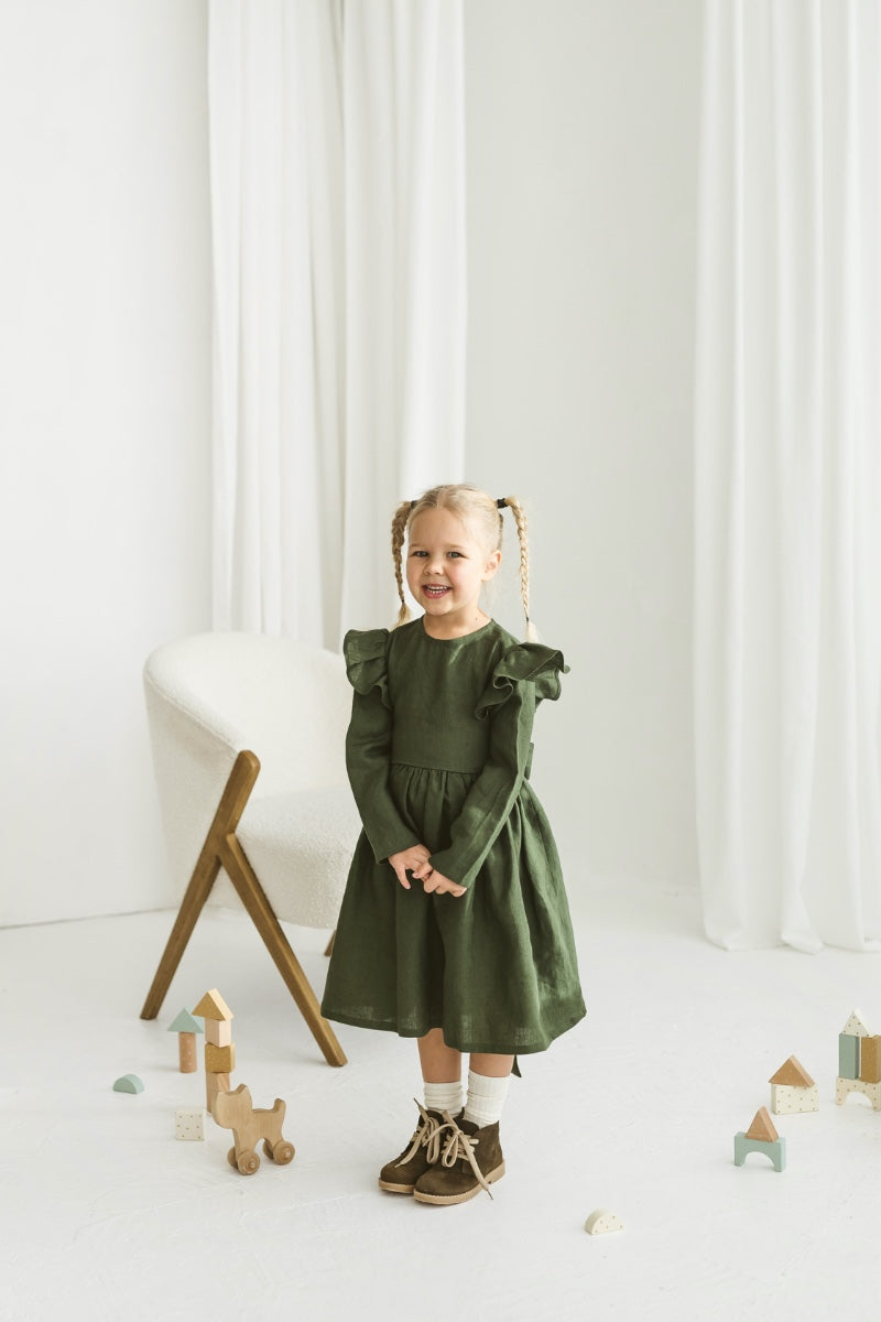 Dark green linen girls dress with ruffles