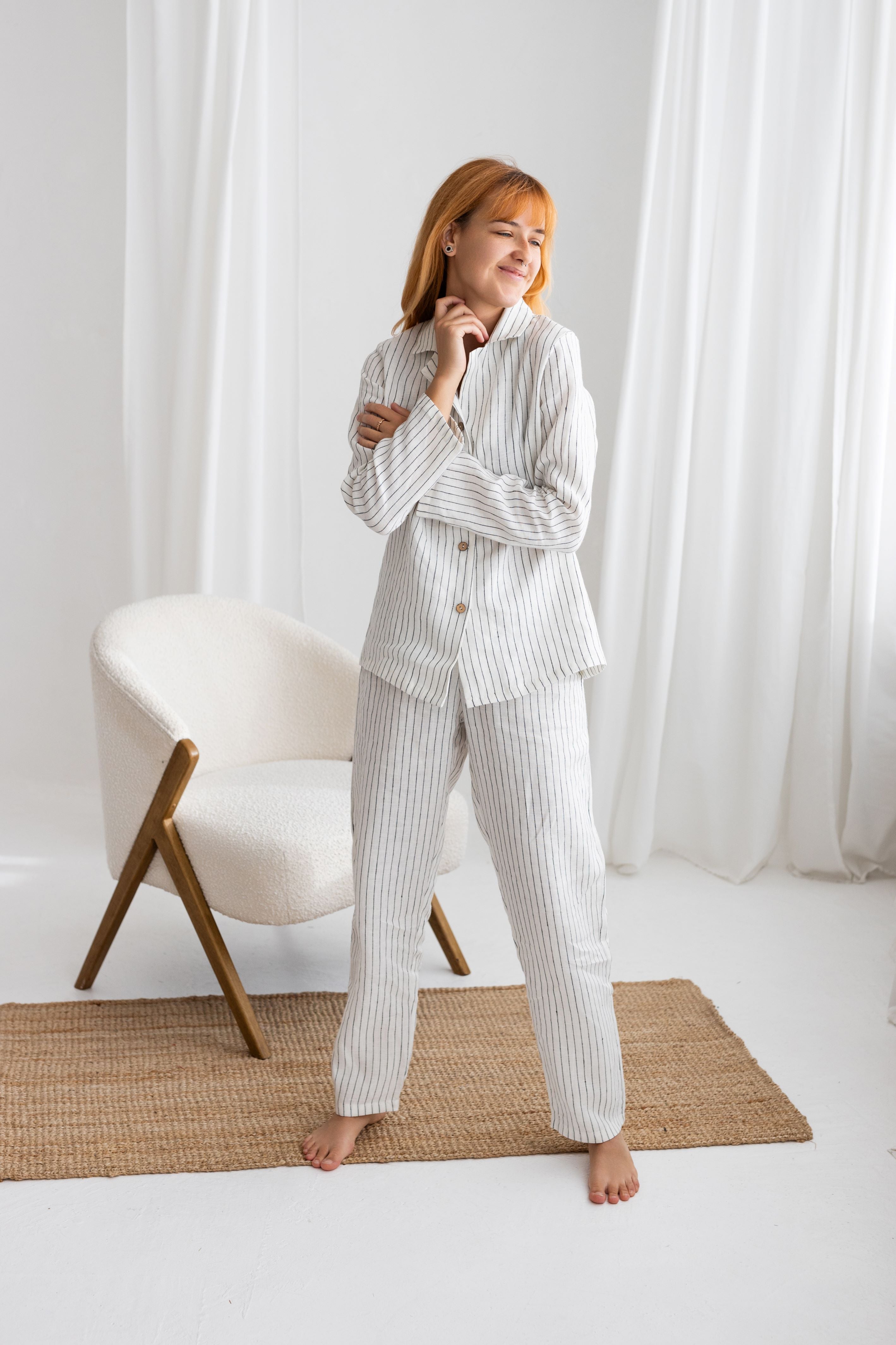 Milky White Pinstripe linen pajama set