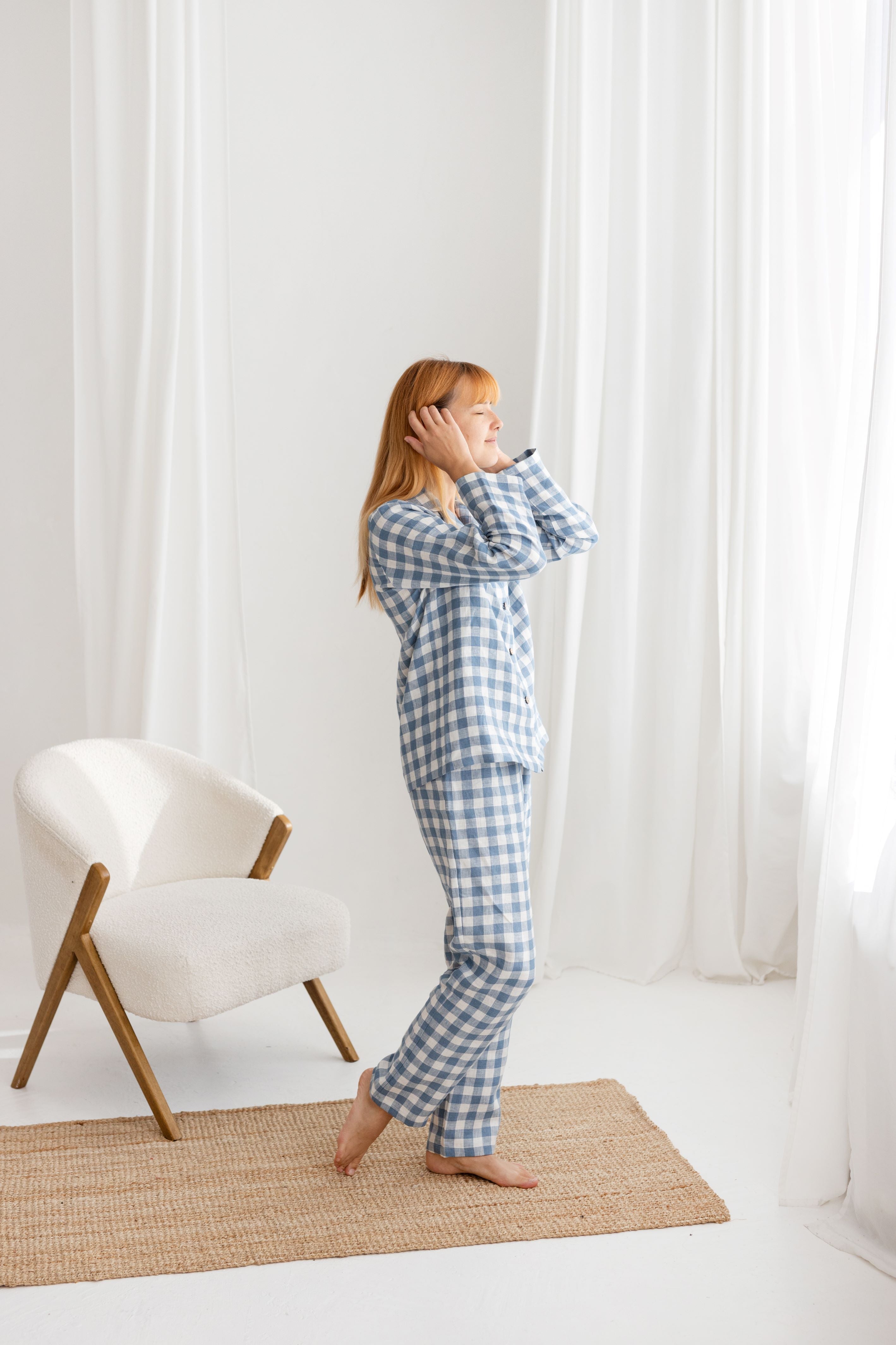 blue gingham women linen pajama set