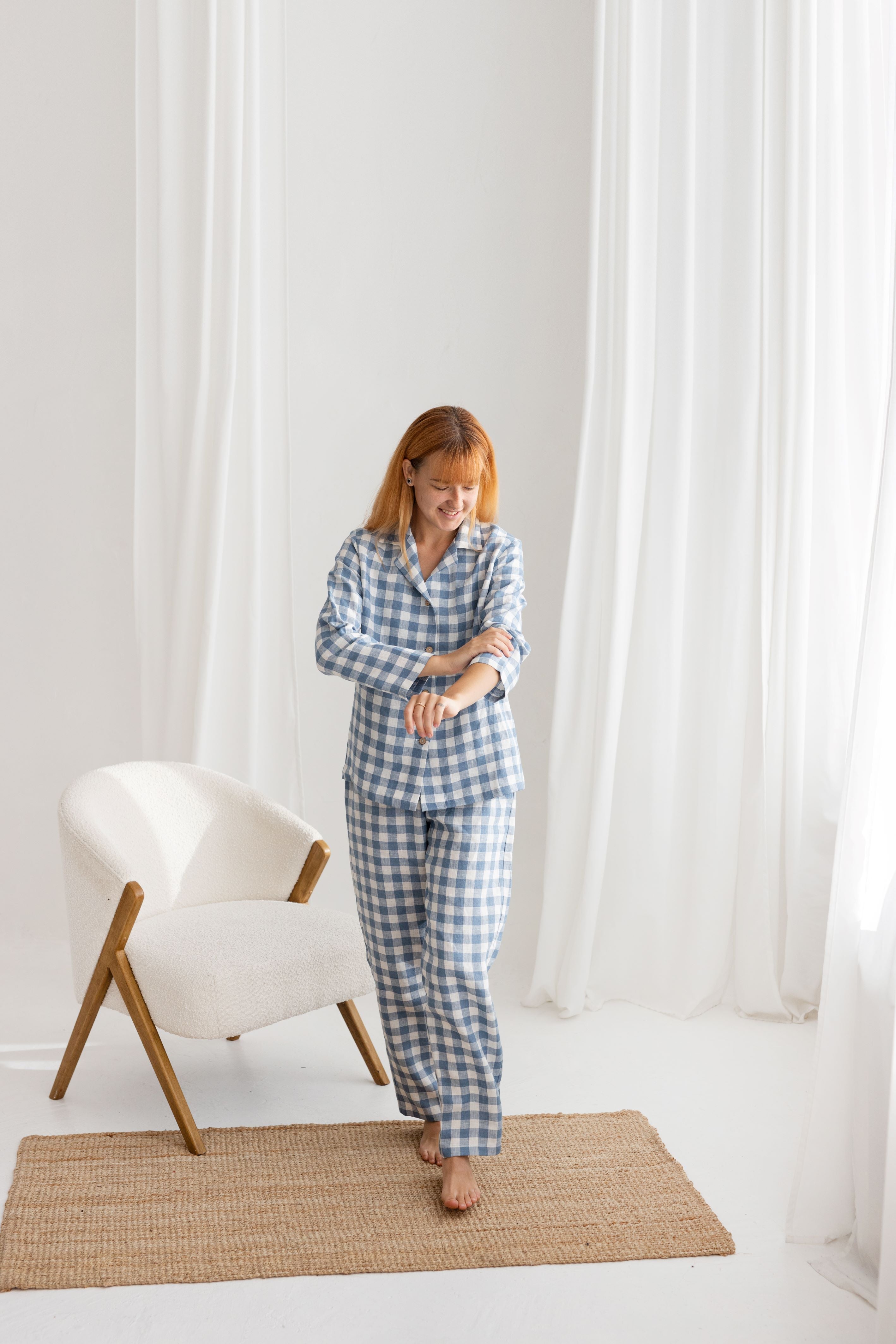 blue gingham women linen pajama set