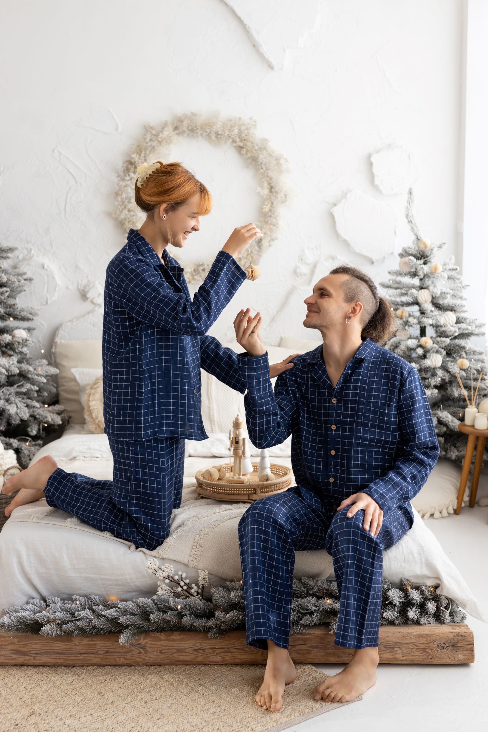 Navy Blue Windowpane Linen Pajama Set For Couple