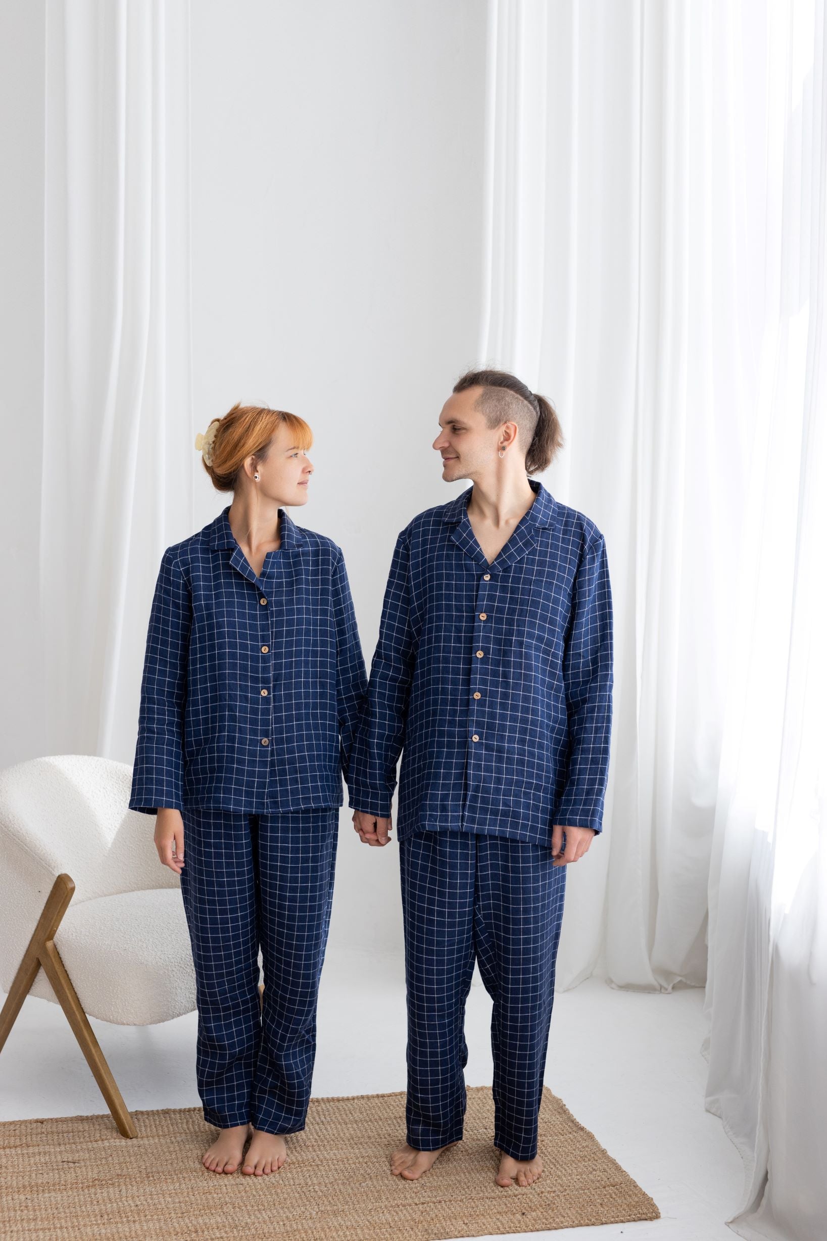 Navy Blue Windowpane Linen Pajama Set For Couple