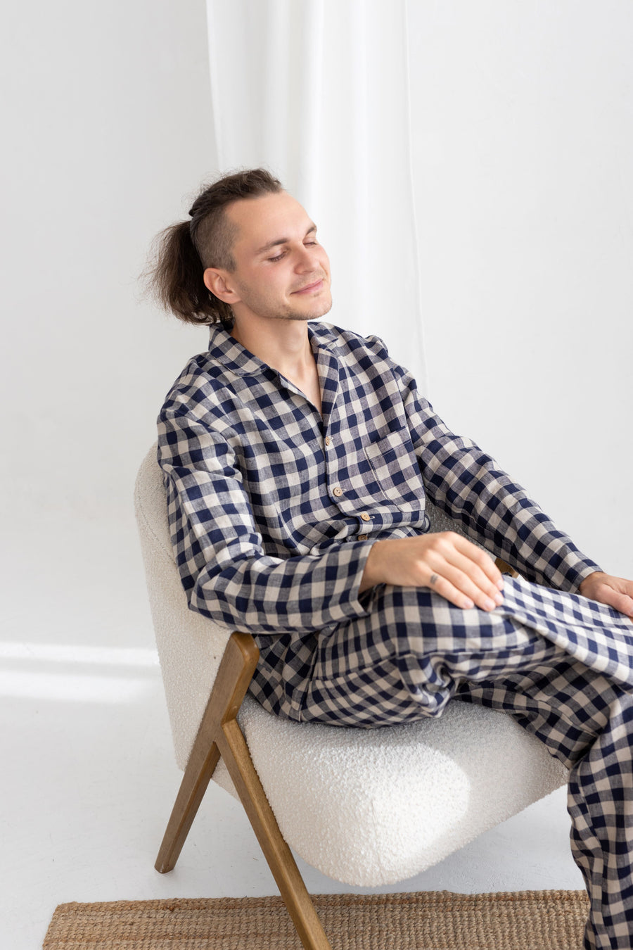 Deep Blue Gingham Linen Pajama For Men
