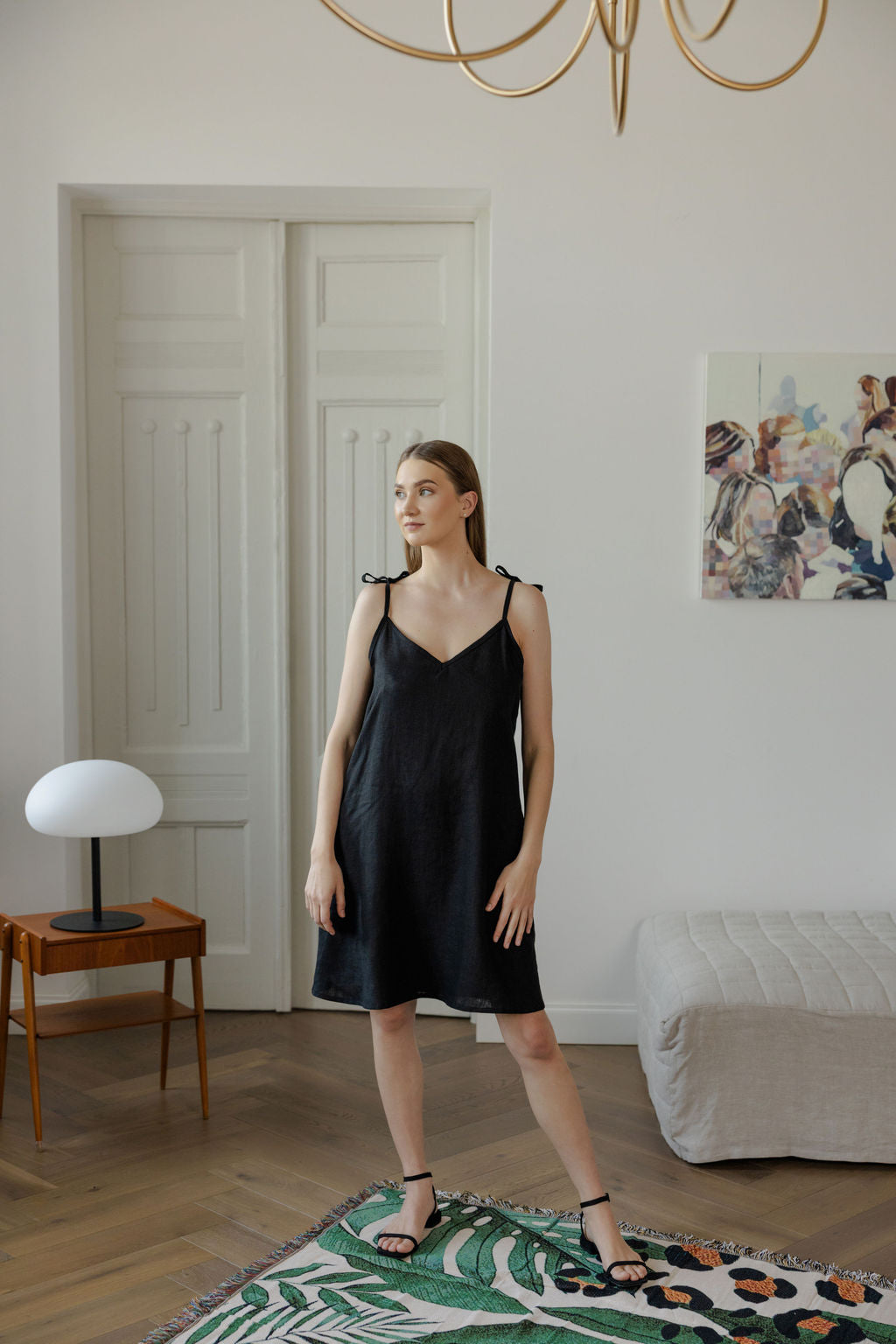 Black Linen Slip Dress With Adjustable Straps