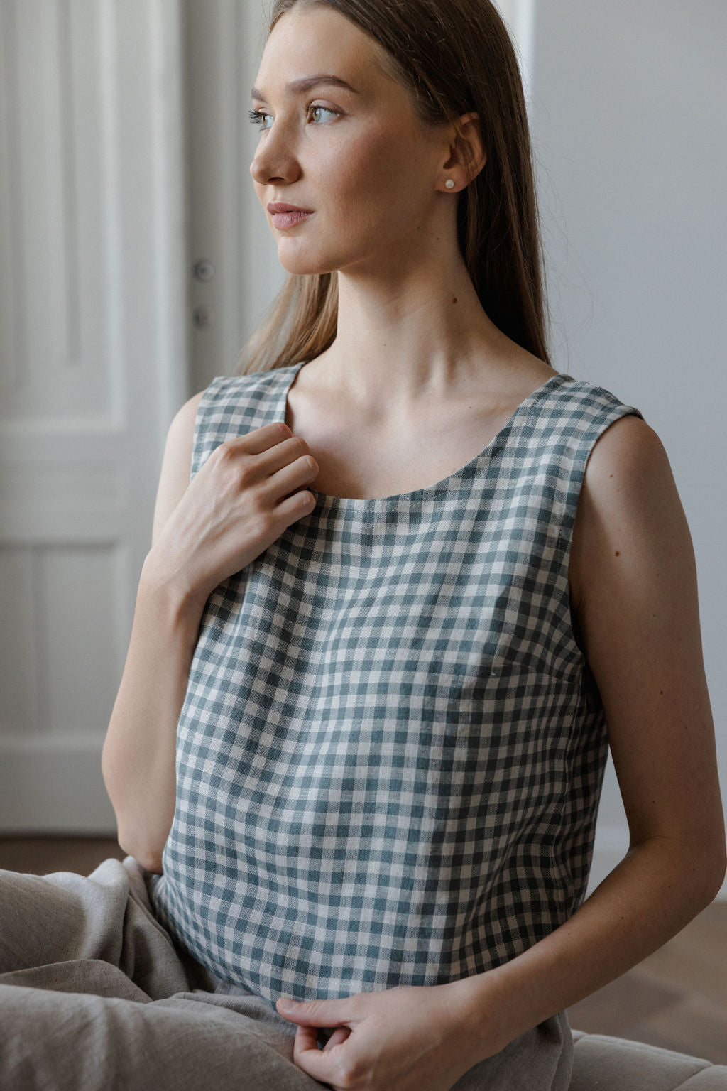 gray gingham linen crop top