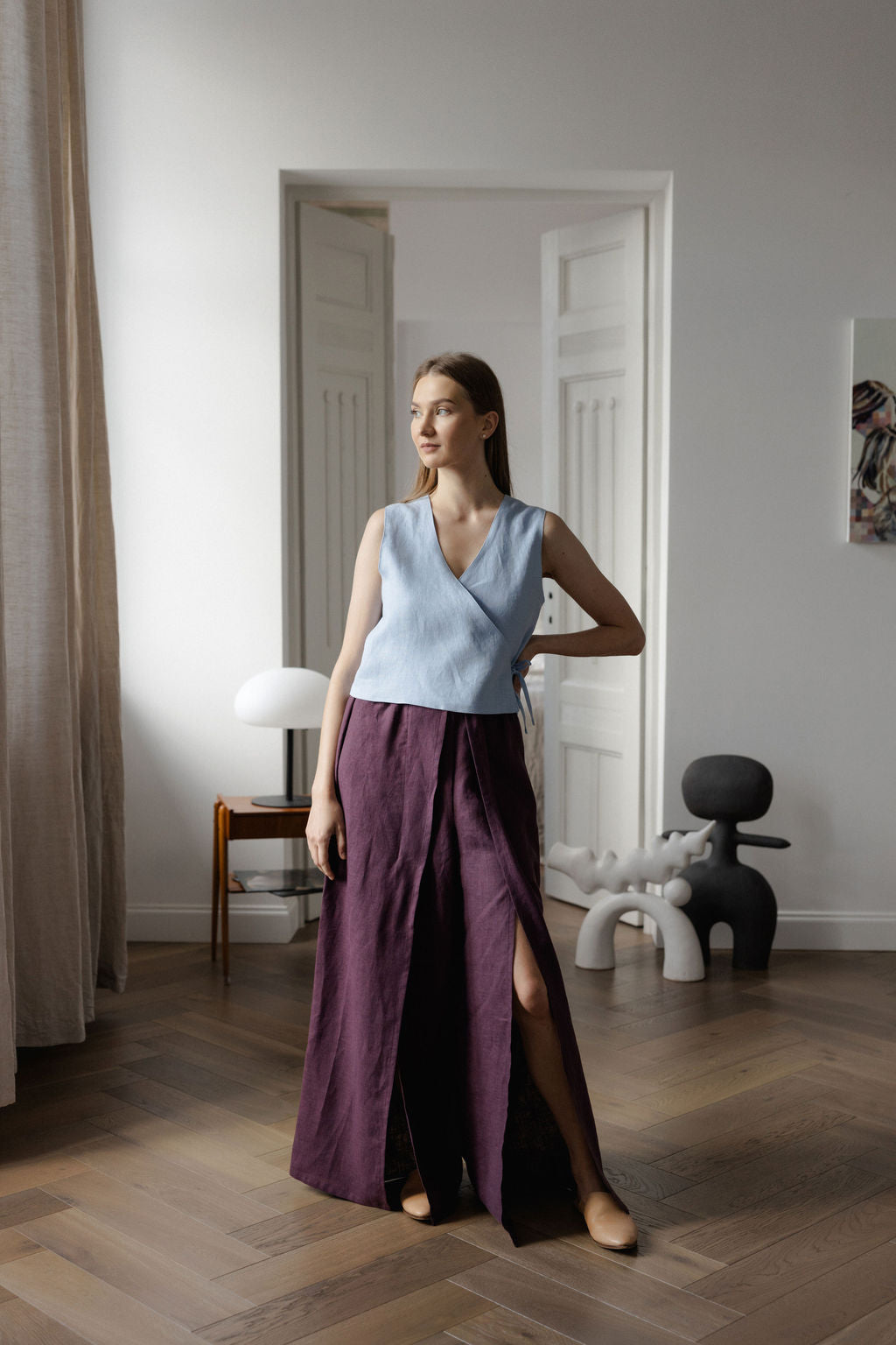 blue linen wrap vest