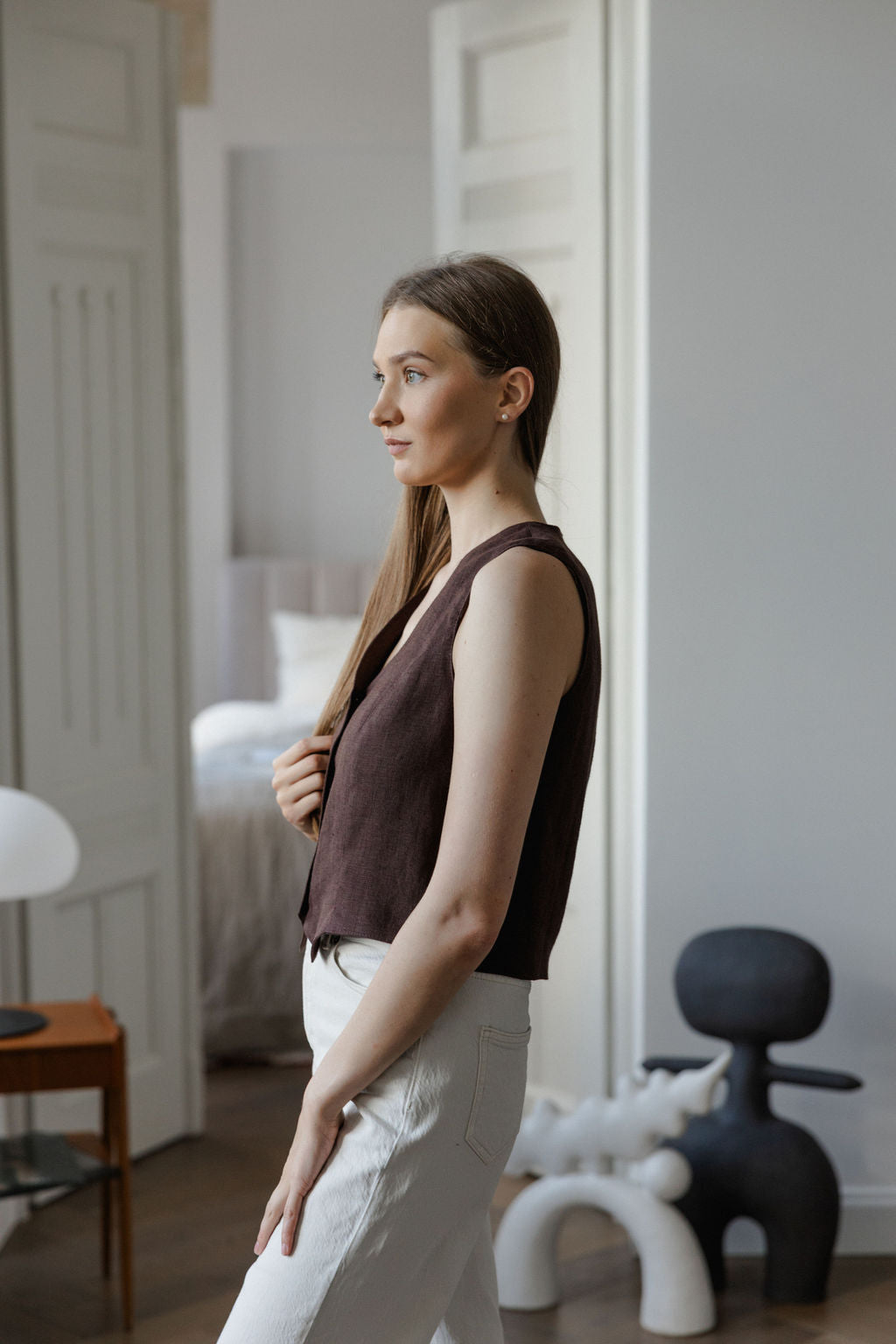 brown linen vest with buttons