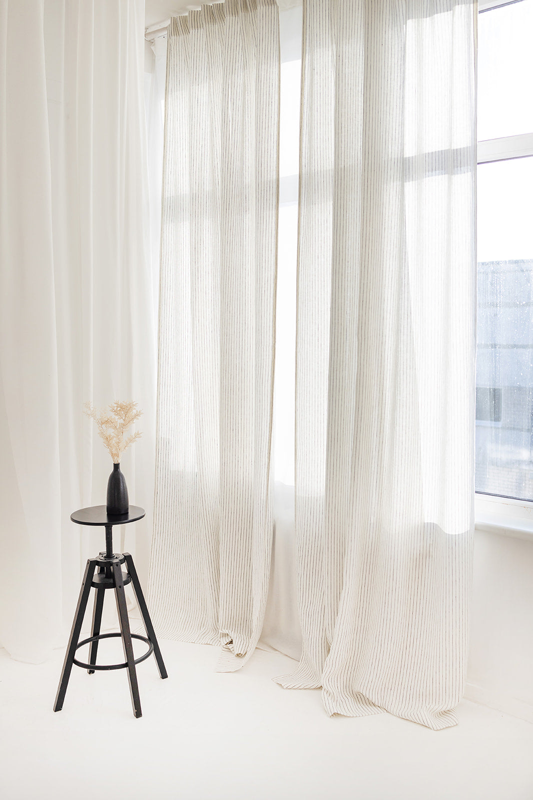 55"/ 140 Cm Width Milky White Pinstripe Linen Curtain