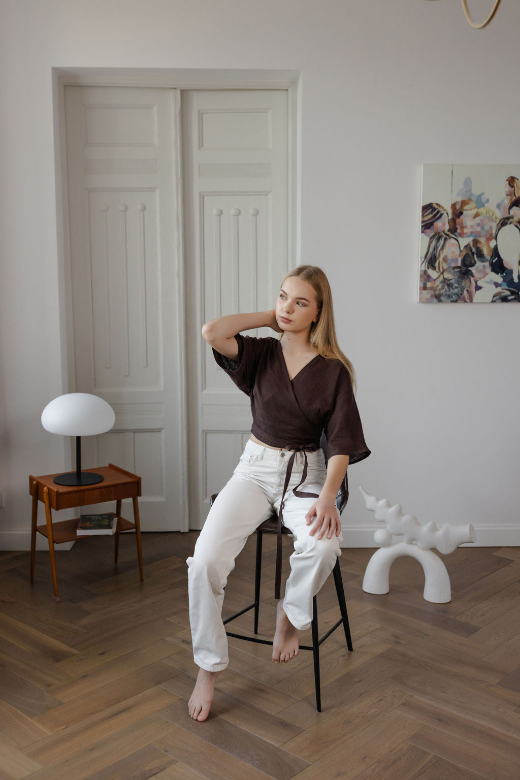 brown linen wrap blouse