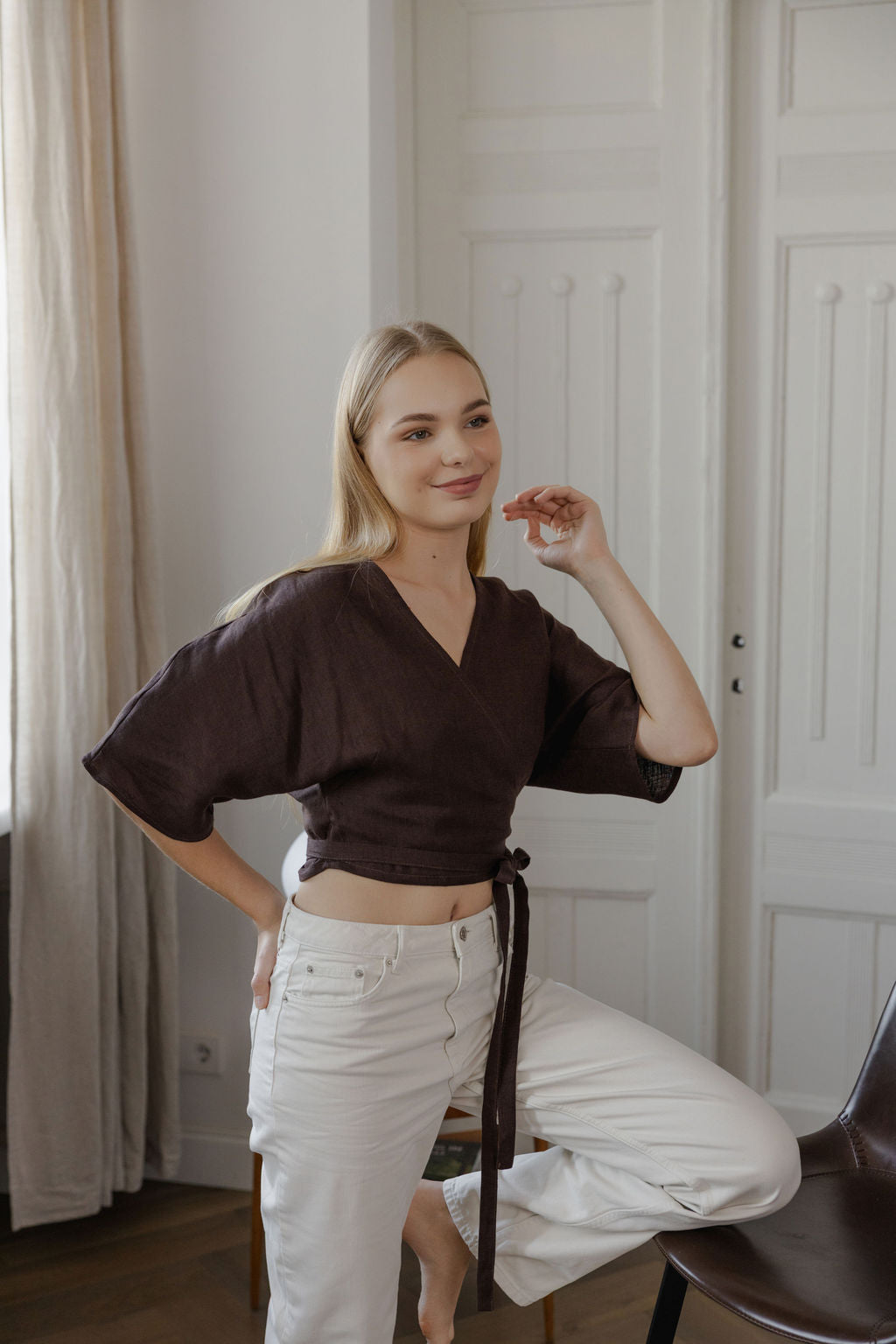 brown linen wrap blouse