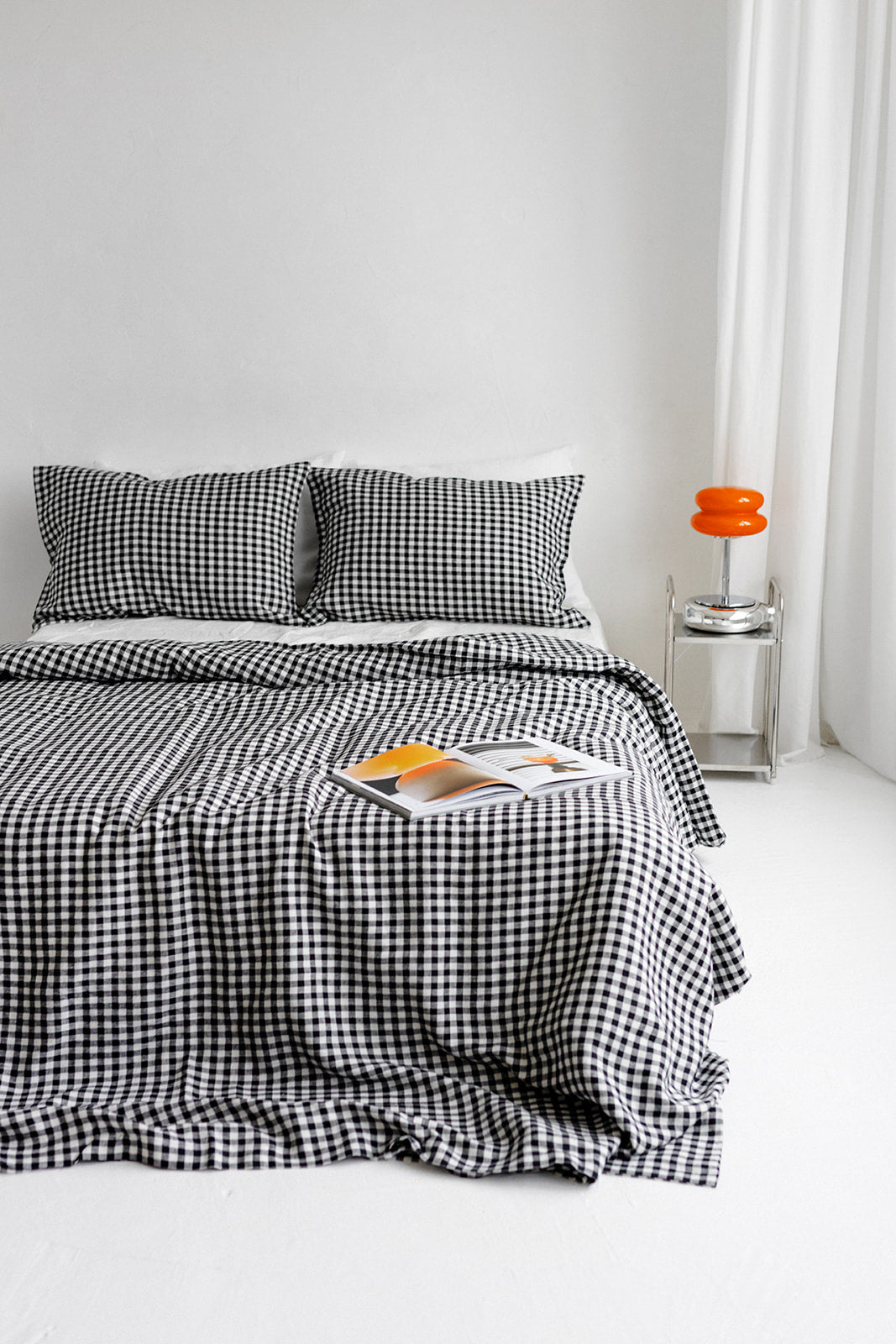 black gingham linen bedding set