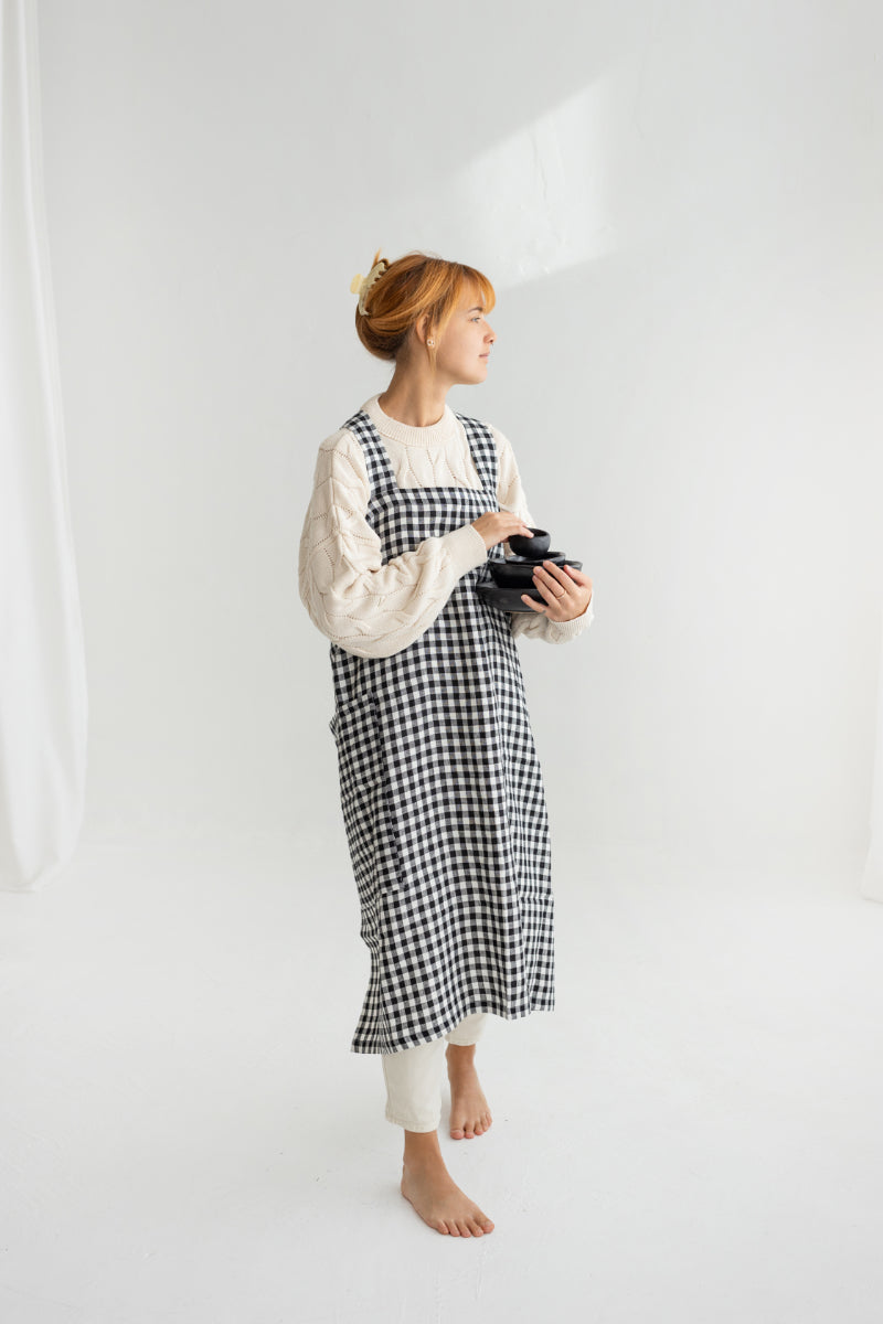 black gingham linen japanese pinafore