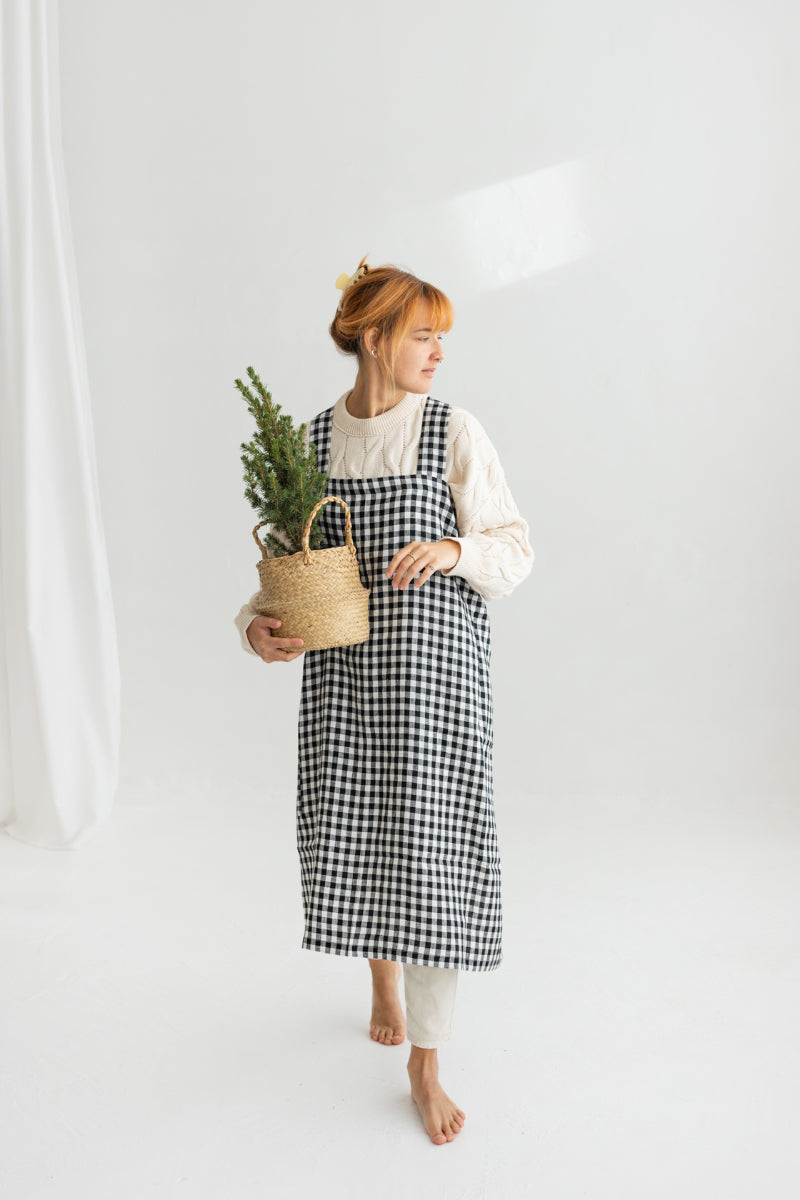 black gingham linen japanese pinafore