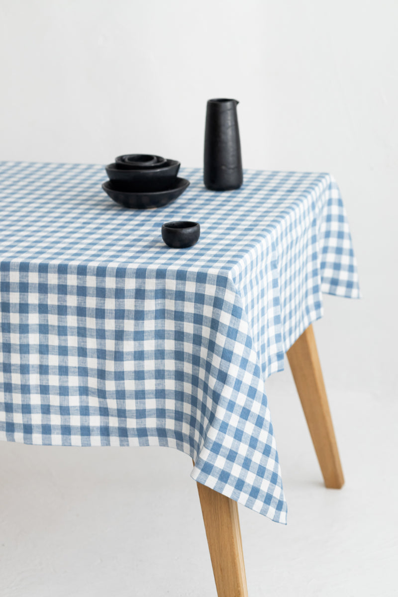 light blue gingham linen tablecloth