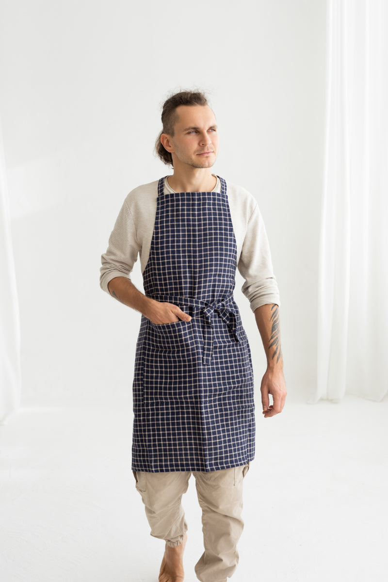 blue linen men apron