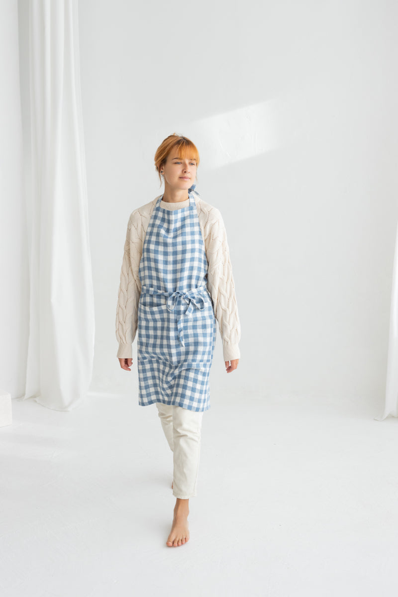 Light Blue Gingham Linen Apron