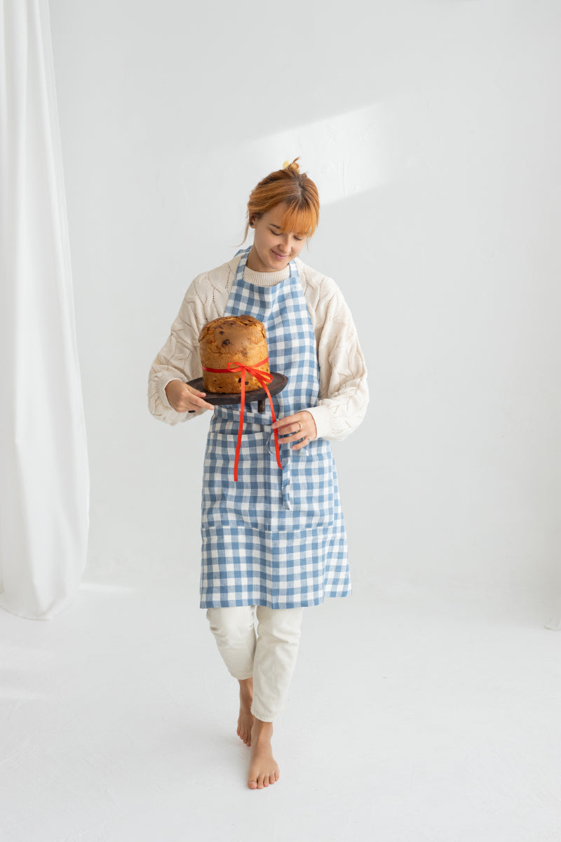 Light Blue Gingham Linen Apron