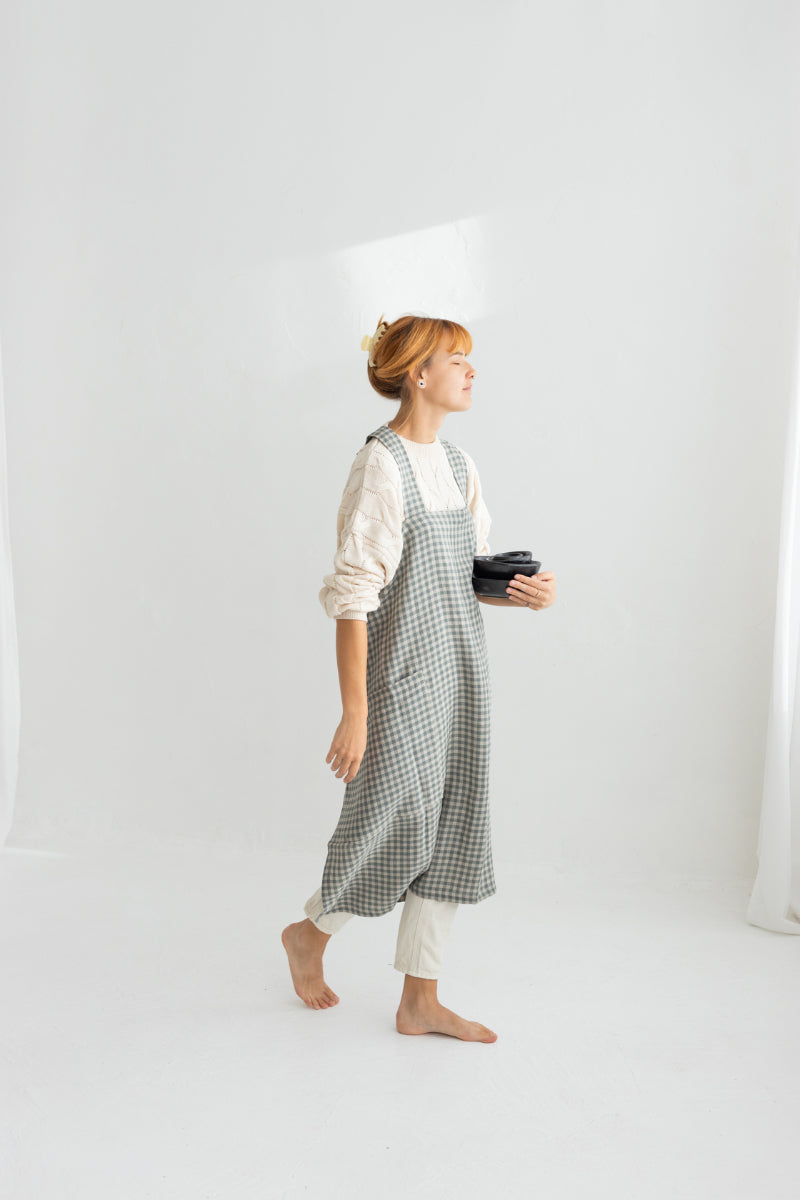gray gingham japanese linen apron