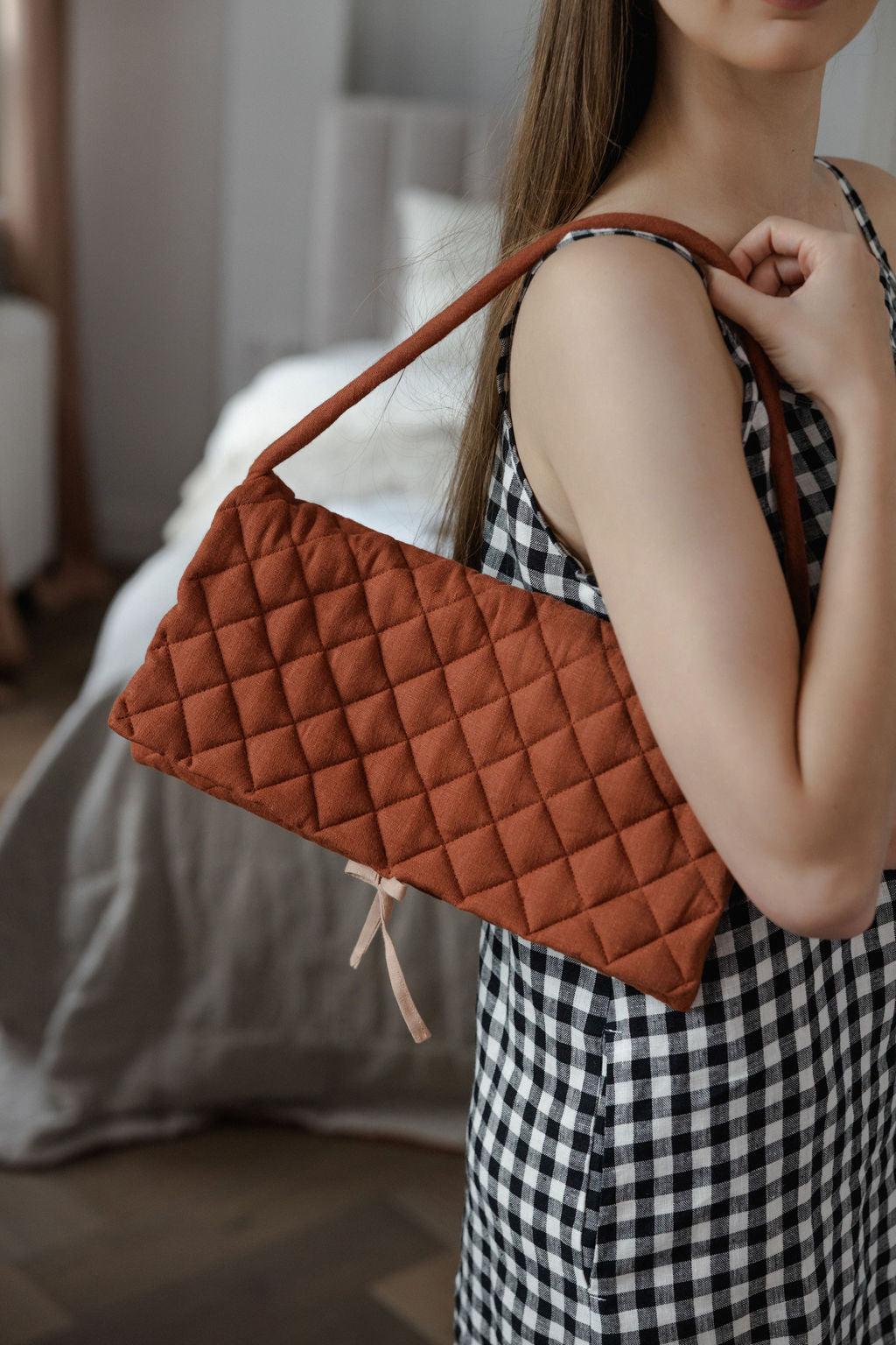 Quilted Linen Baguette Handbag