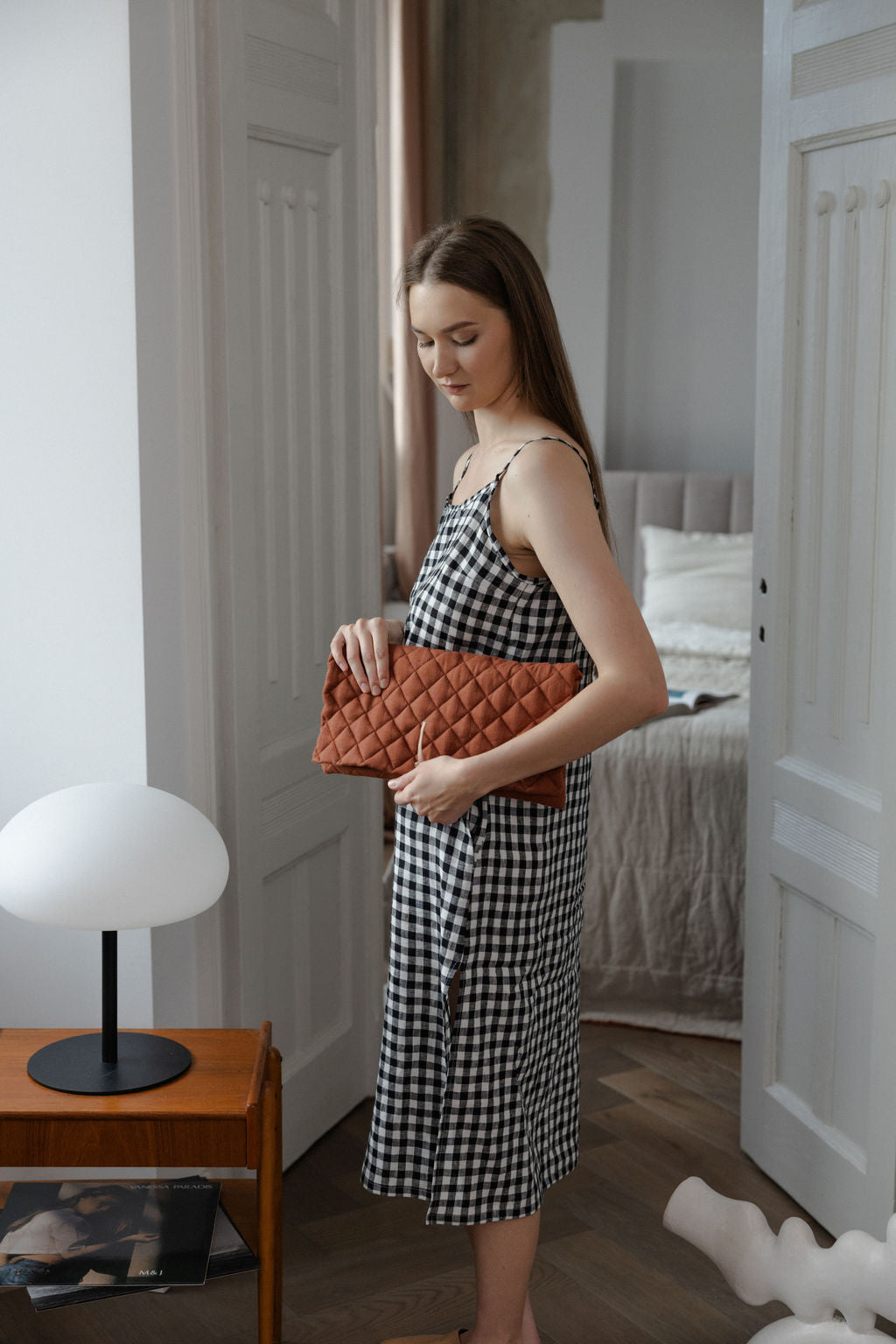 Quilted Linen Baguette Handbag
