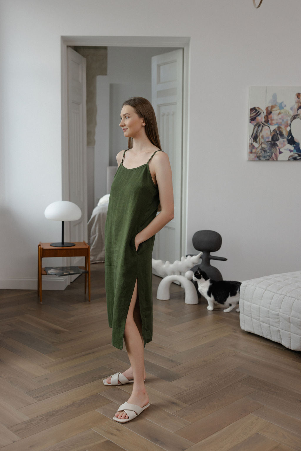 Dark Green Linen Slip Dress With Straps