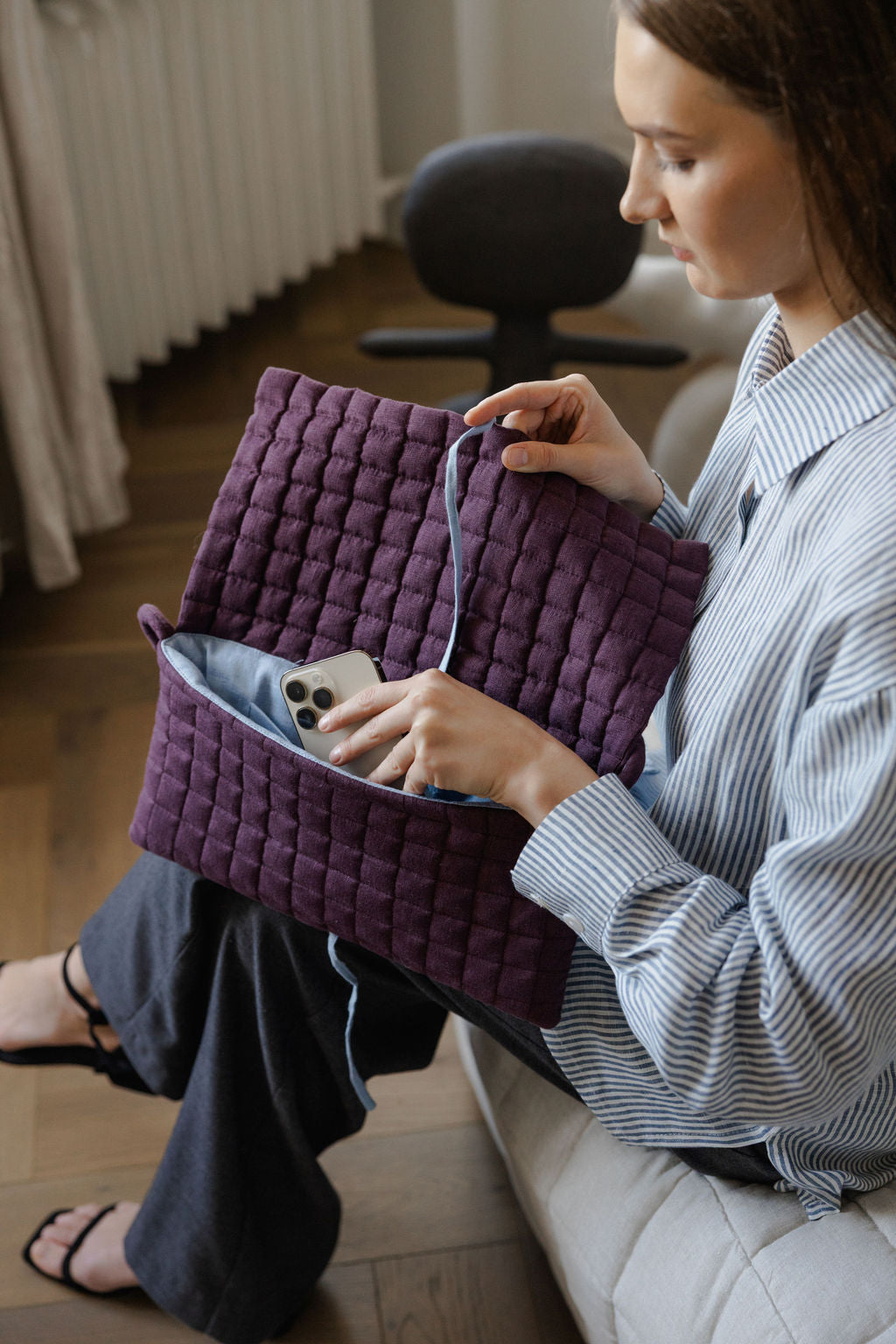 Linen Quilted Baguette Shoulder Bag