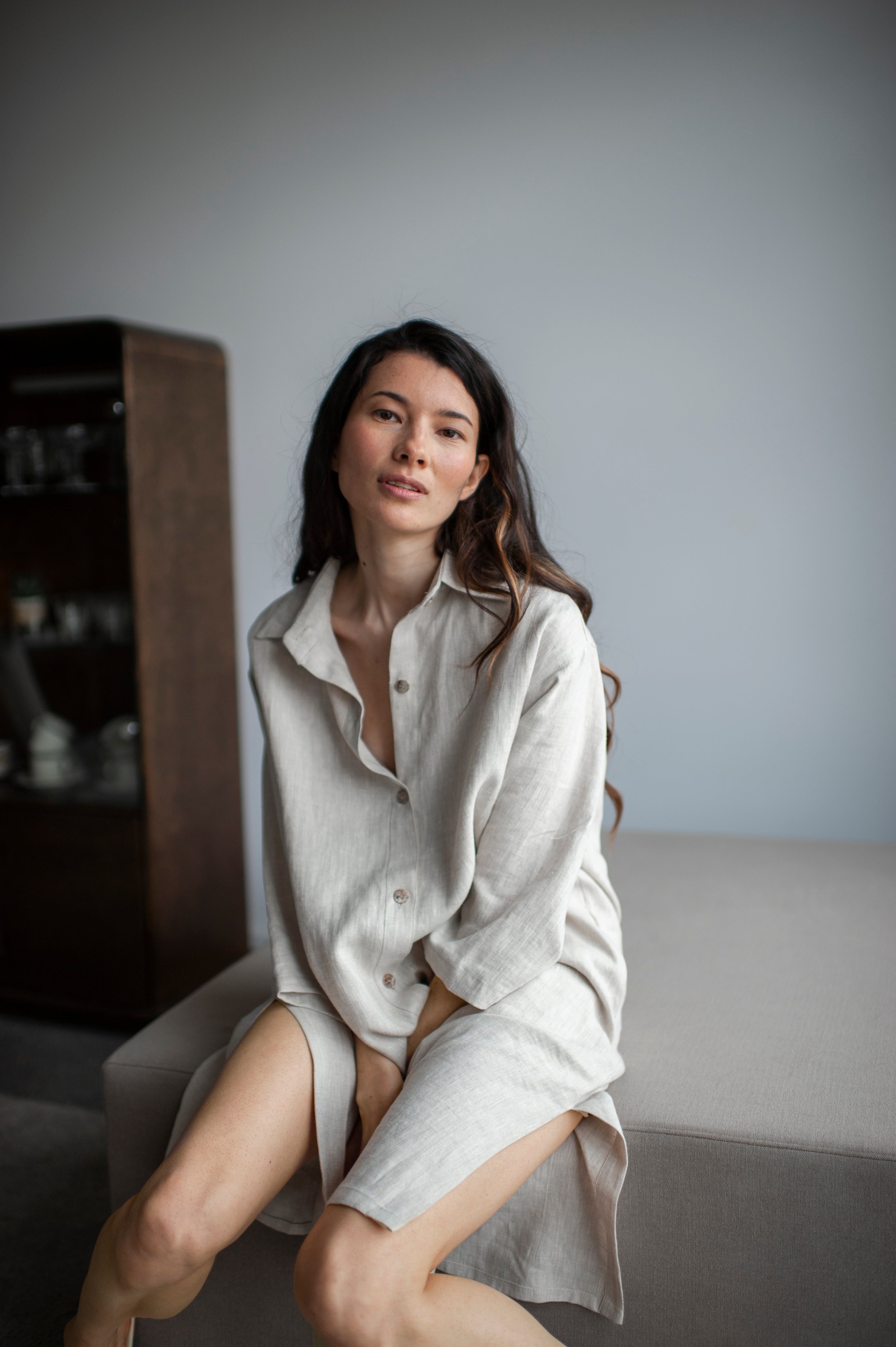 Natural Light Long Linen Shirt Dress