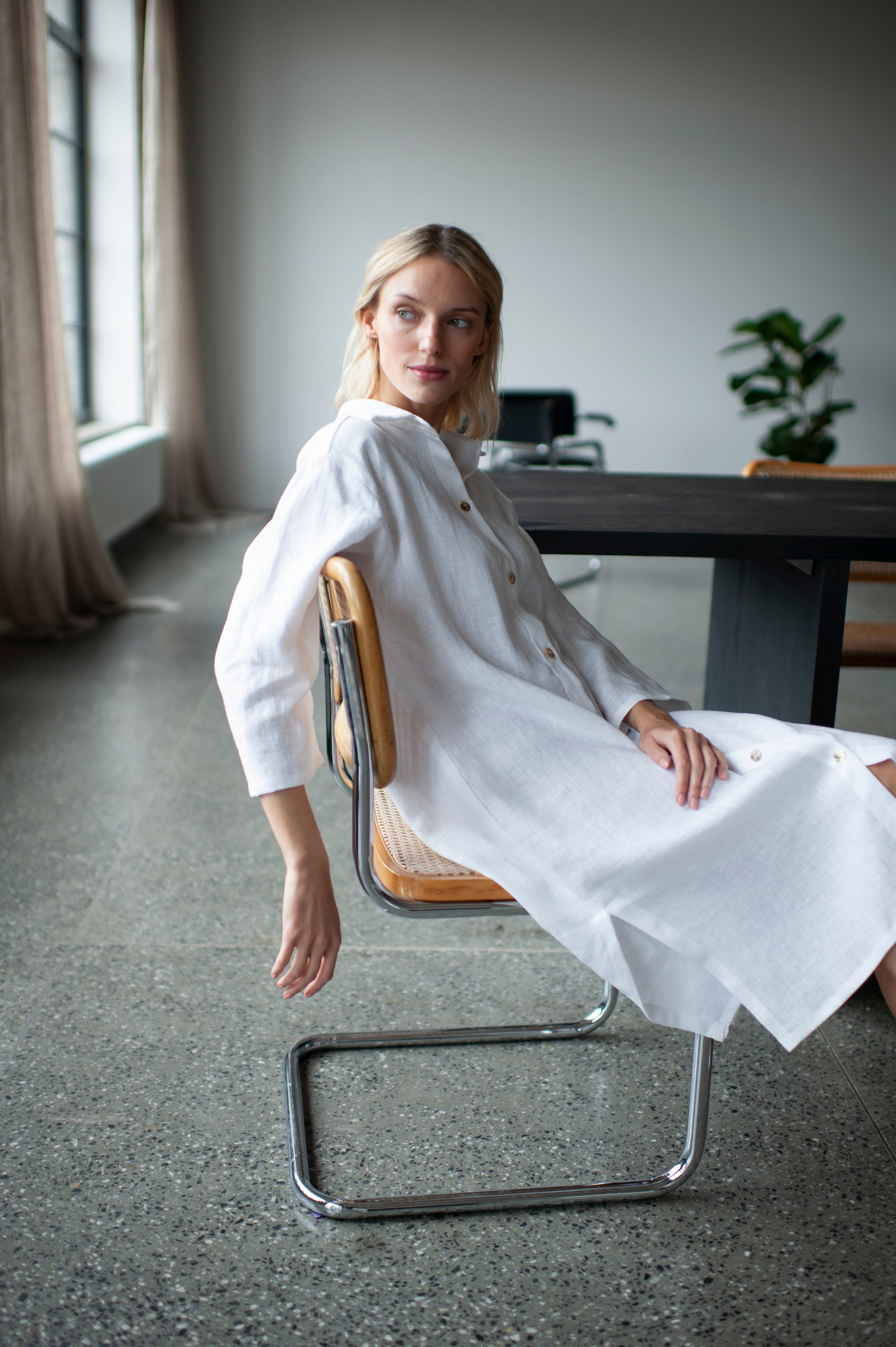 White Long Linen Shirt Dress