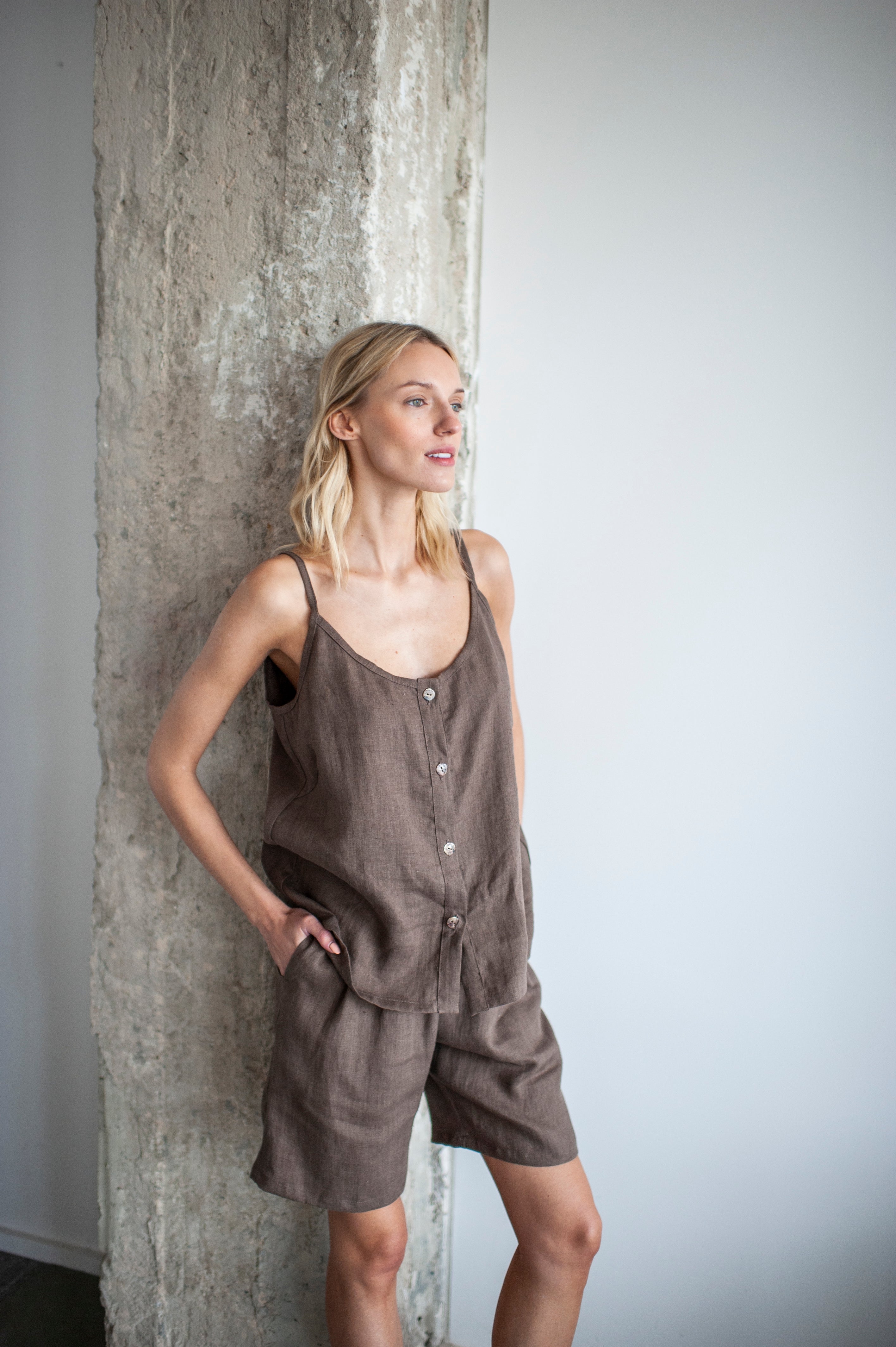 Walnut Brown Linen Cami Top With Straps