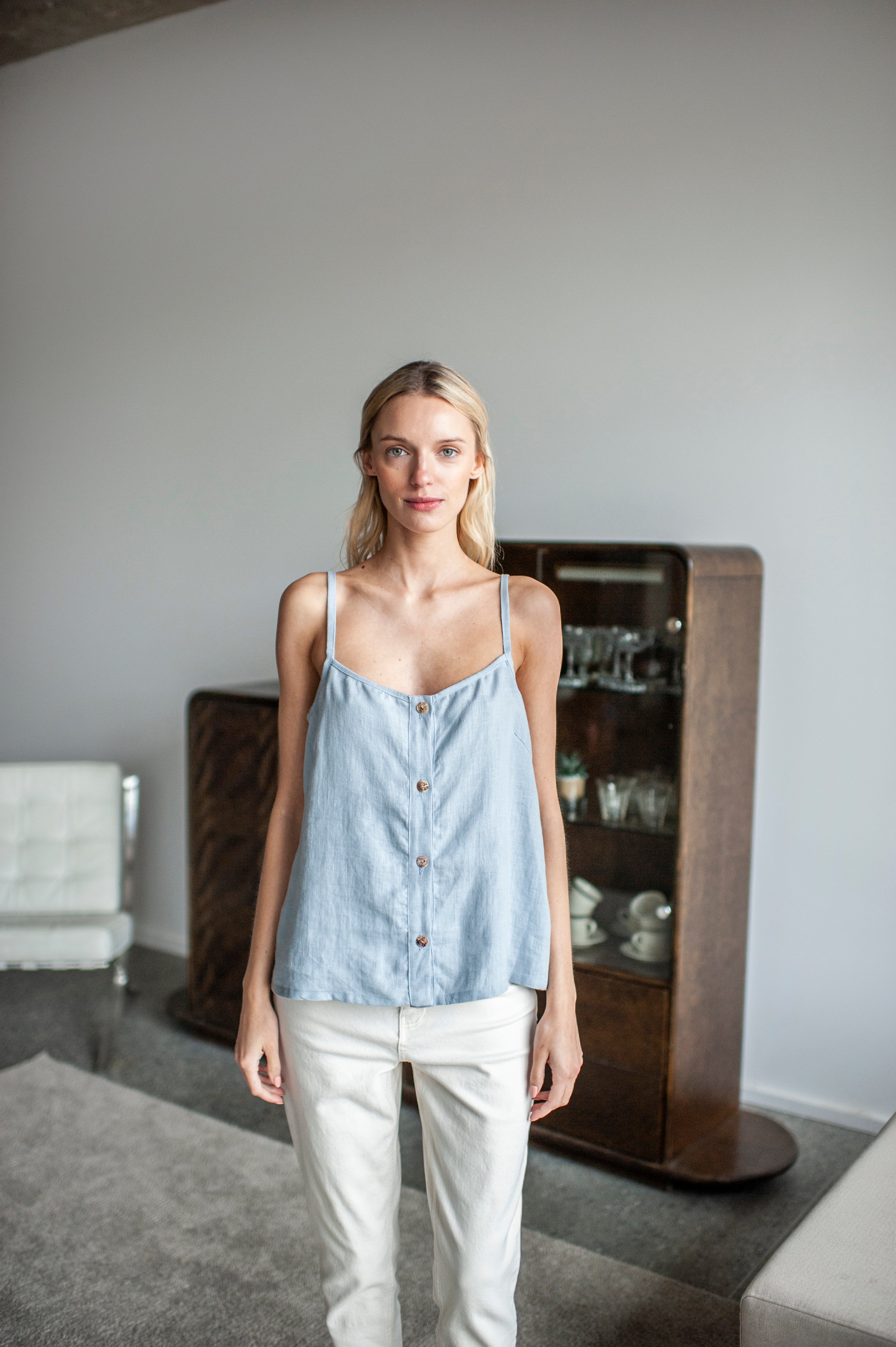 Ice Blue Linen Cami Top With Straps