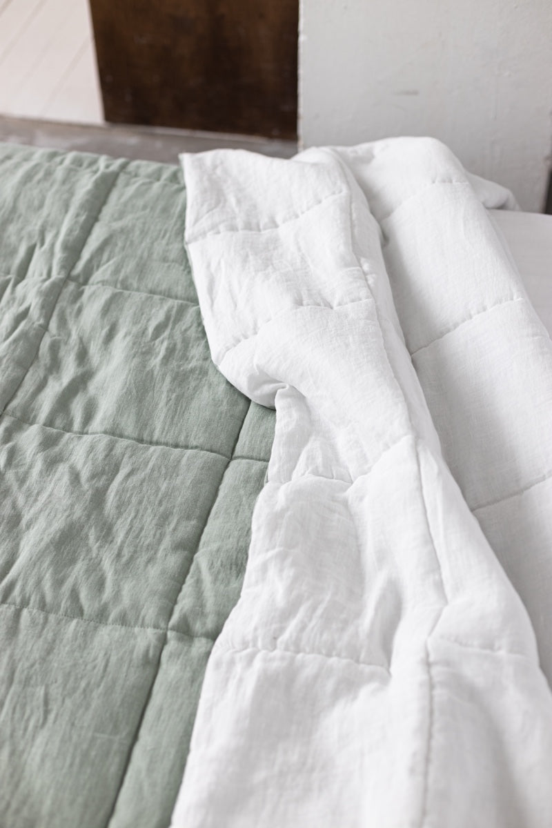 Sage quilted linen bedspread